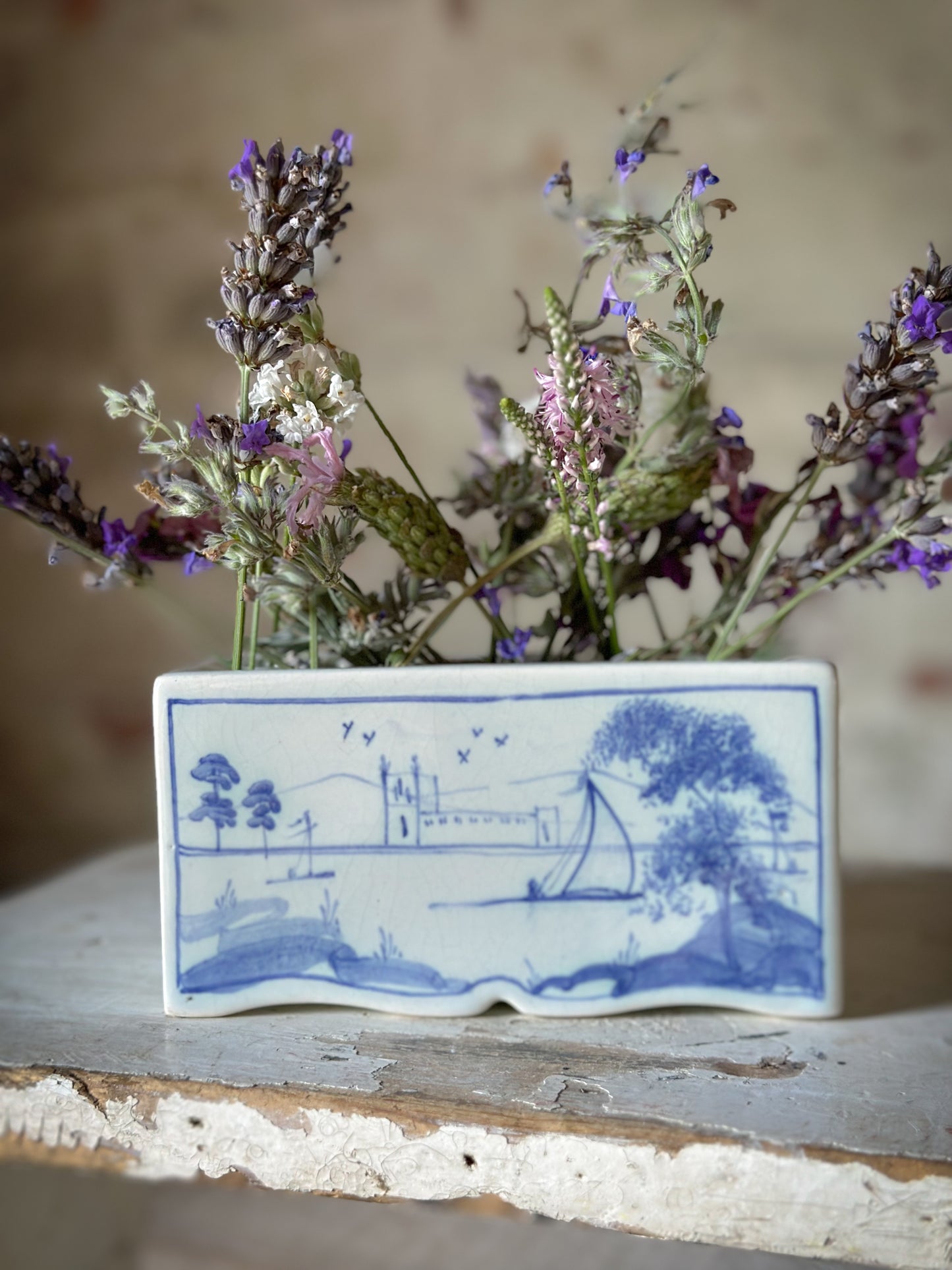 A beautiful Isis by Deborah seers Oxford, blue and white flower brick, tulipiere, flower frog, blue and white tin glaze vase