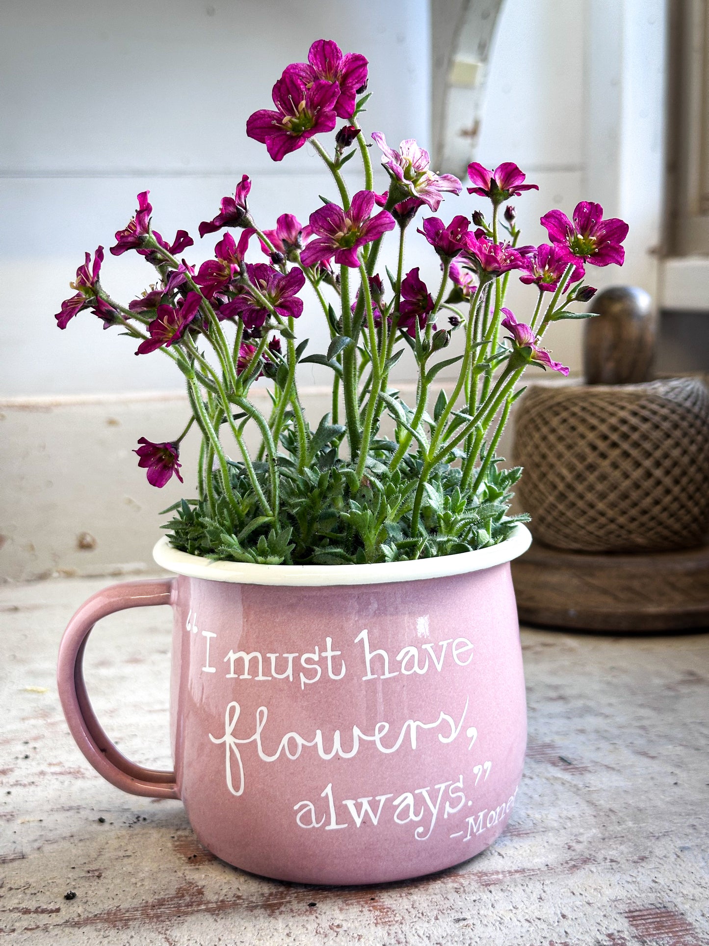 A Pink Enamel Belly Mug Planter “I Must Have Flowers” - Monet Quote