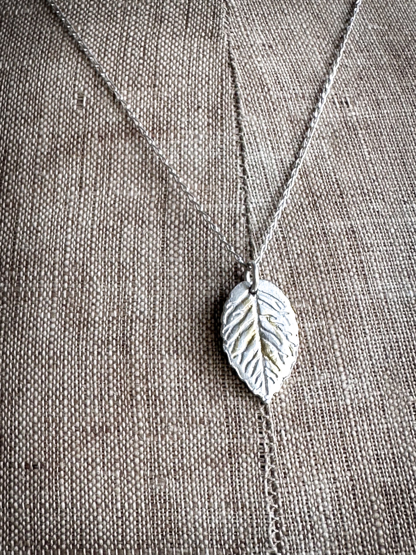 Sunlit Leaf Necklace – Fine Silver Leaf with Keum Boo Gold Detail