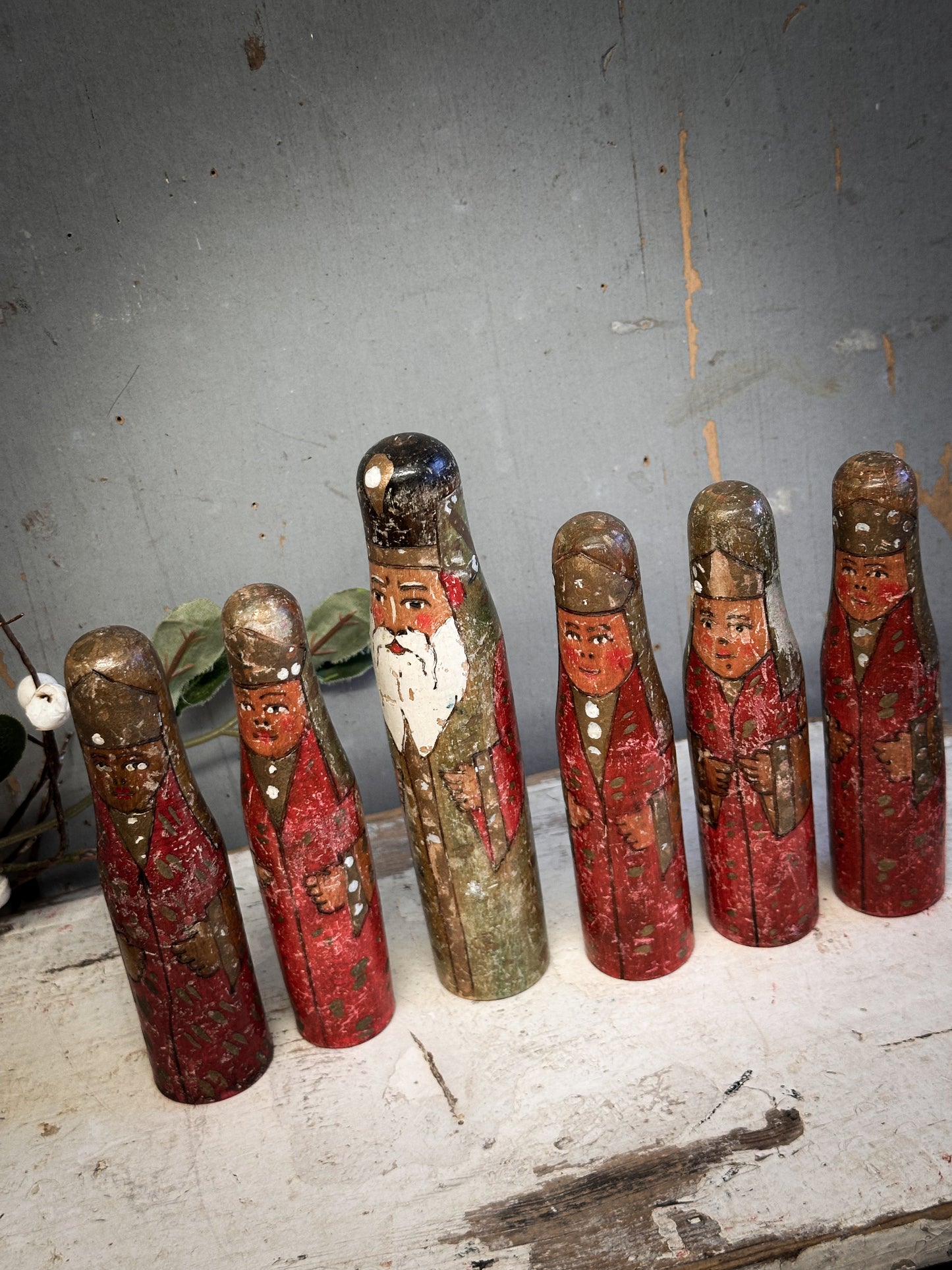 Exquisite Antique Hand-Carved Santa Figures – Set of Six (c. 1920–1930, Ex-Bletchley Museum Collection)