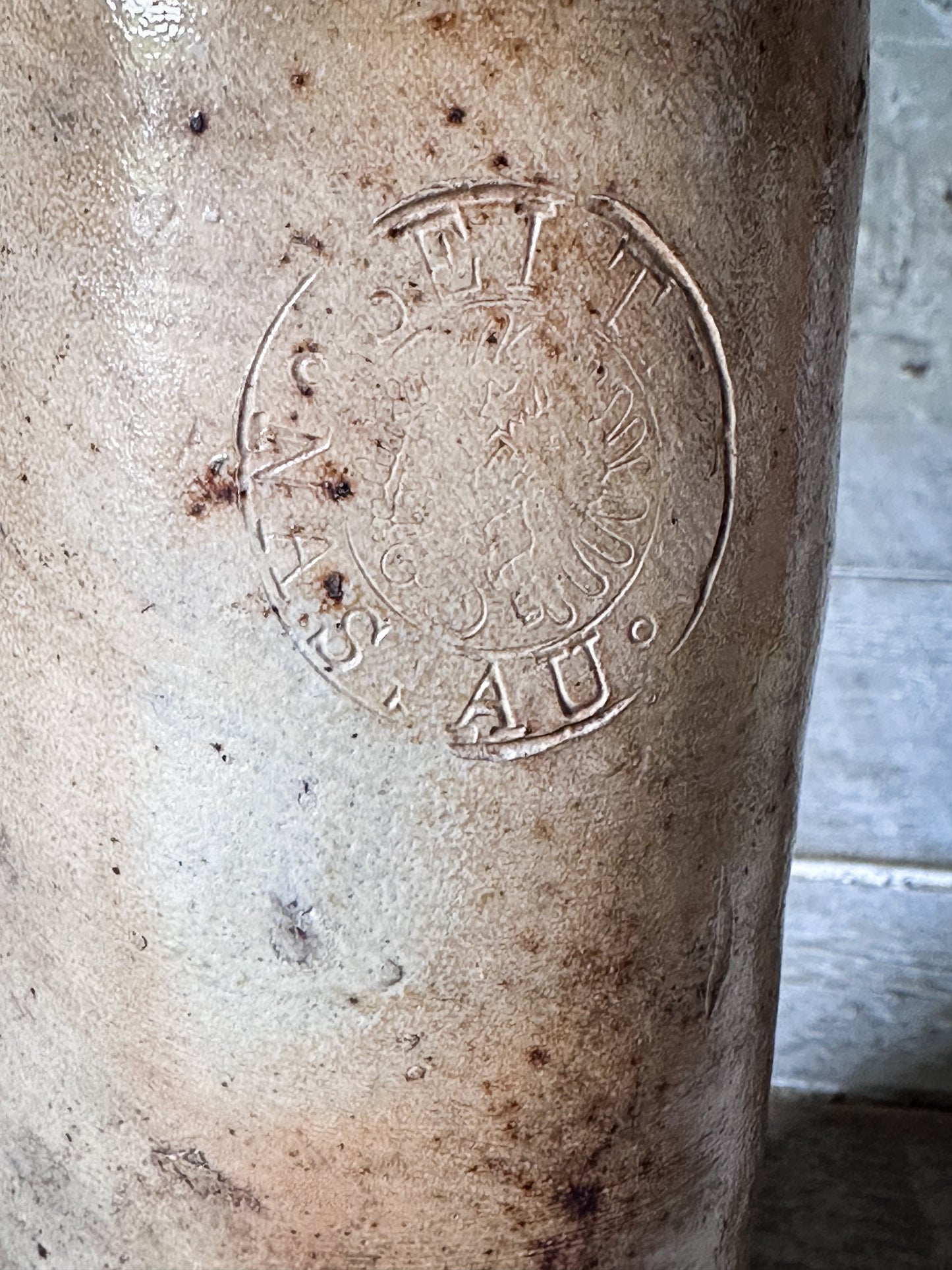 Antique German Nassauer Stoneware Bottle c.1890–1920 | Salt Glazed Bottle | Seit 1848
