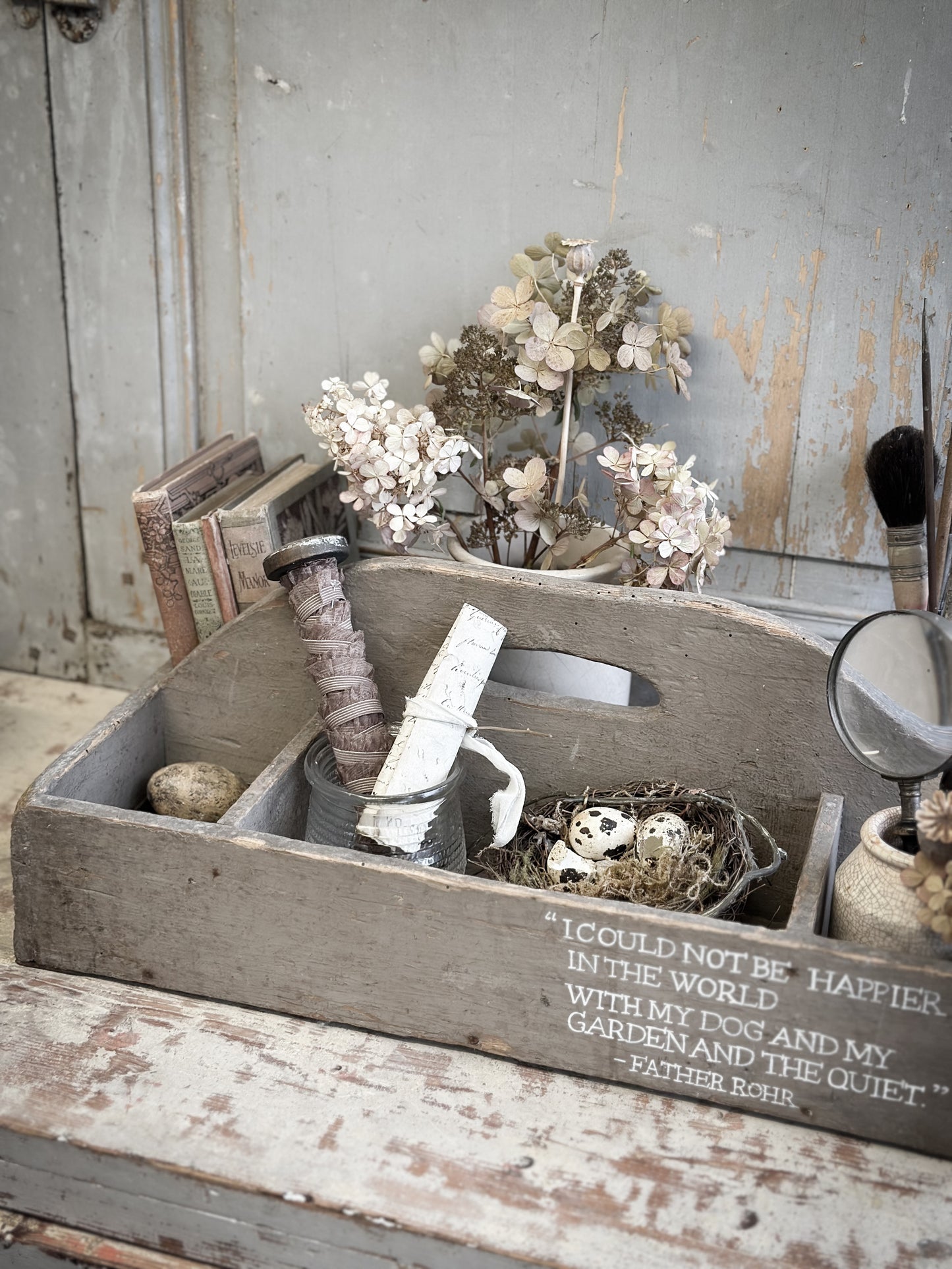 A Large Vintage French Chippy Paint Wooden Trug With Garden Quote