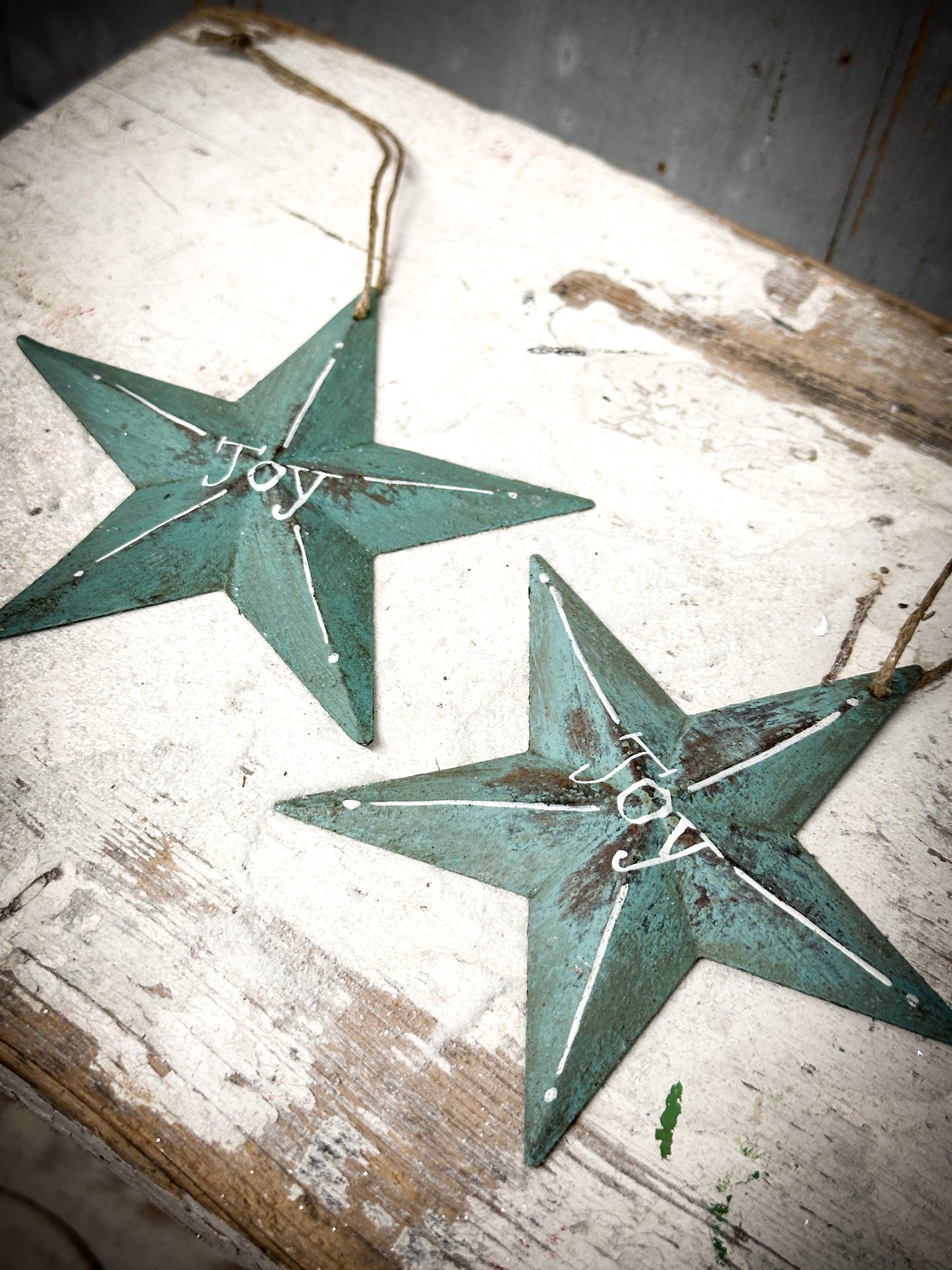 A Large Turquoise Tin Barn Star Christmas Decoration “Joy”