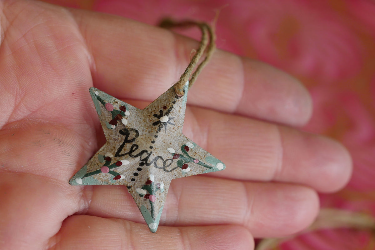 Hand Painted Folk Art Pressed Tin Barn Stars – Peace