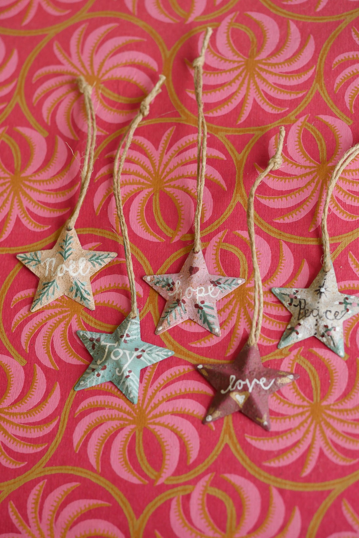 Set of Five Hand Painted Folk Art Pressed Tin Barn Stars
