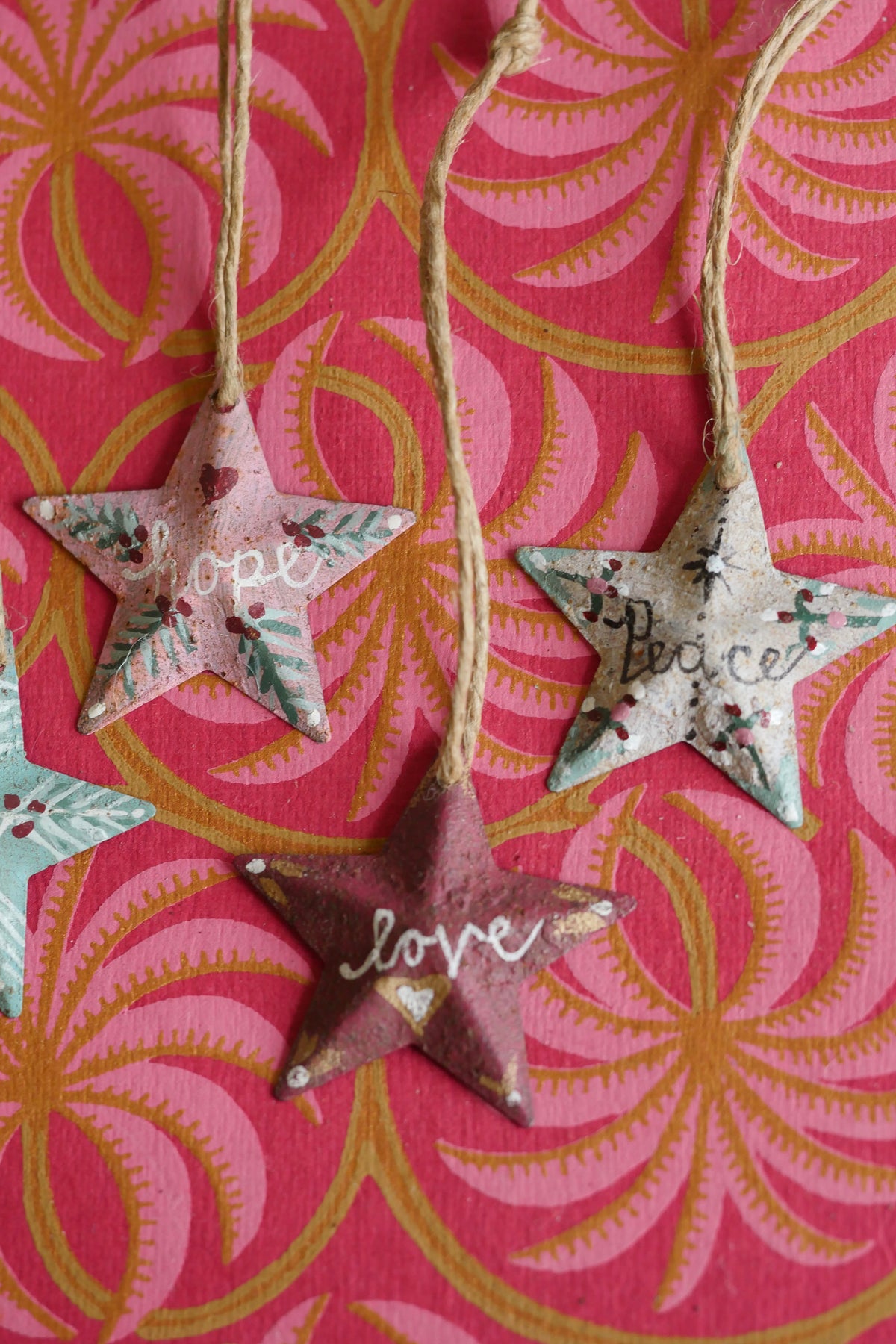 Set of Five Hand Painted Folk Art Pressed Tin Barn Stars