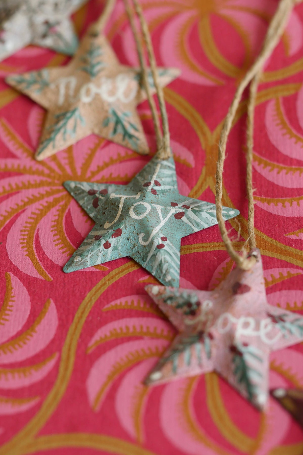 Set of Five Hand Painted Folk Art Pressed Tin Barn Stars
