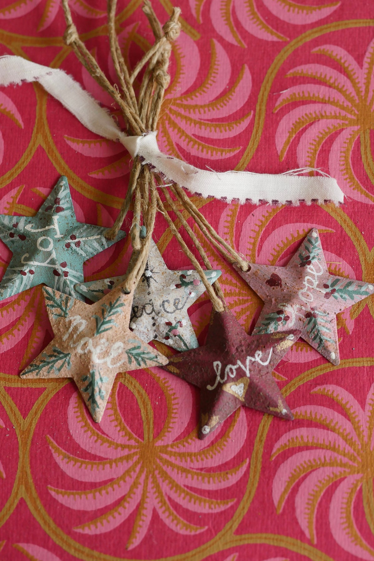 Set of Five Hand Painted Folk Art Pressed Tin Barn Stars