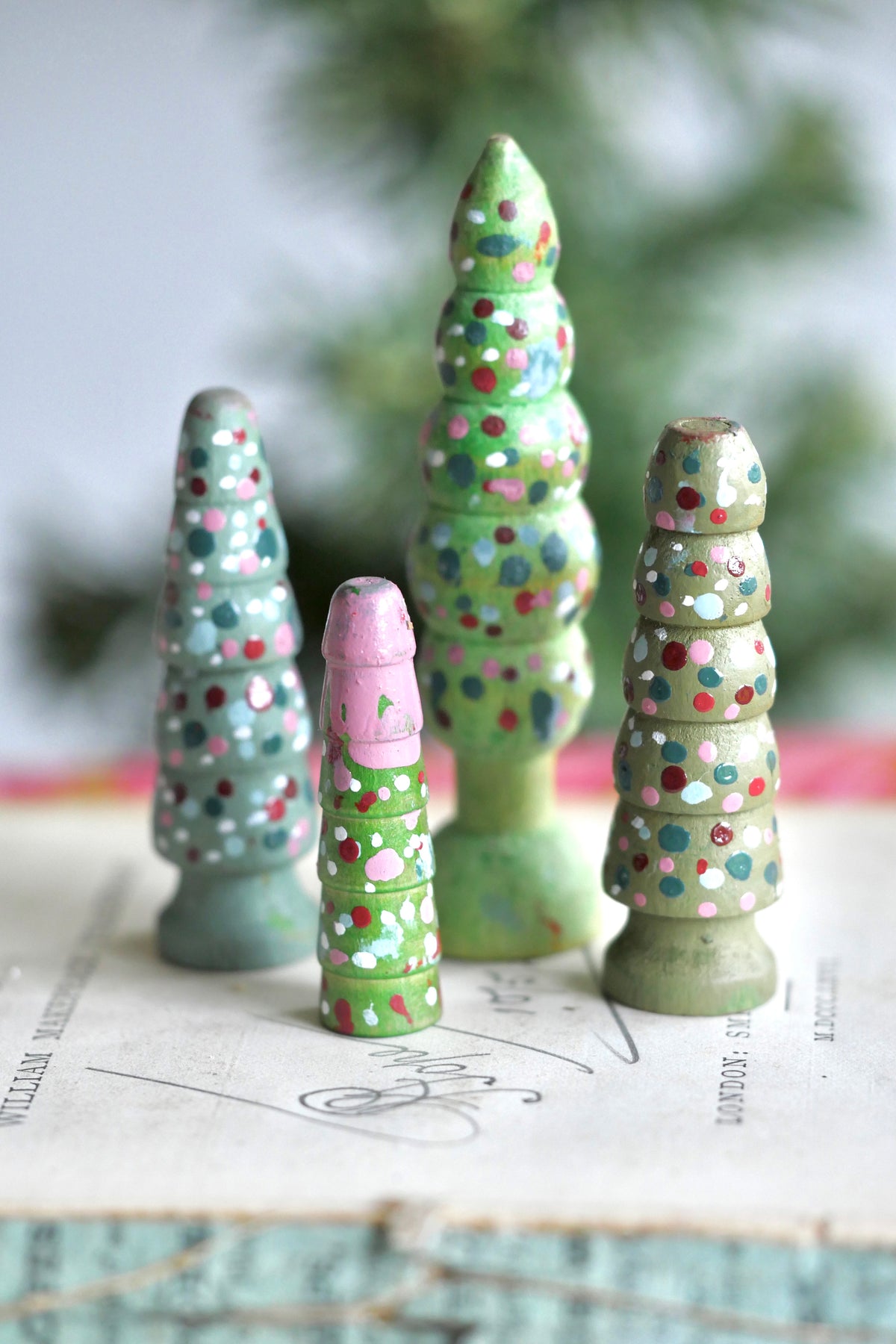 Reworked Vintage German Erzgebirge Turned Wooden Trees – Set of Four #10