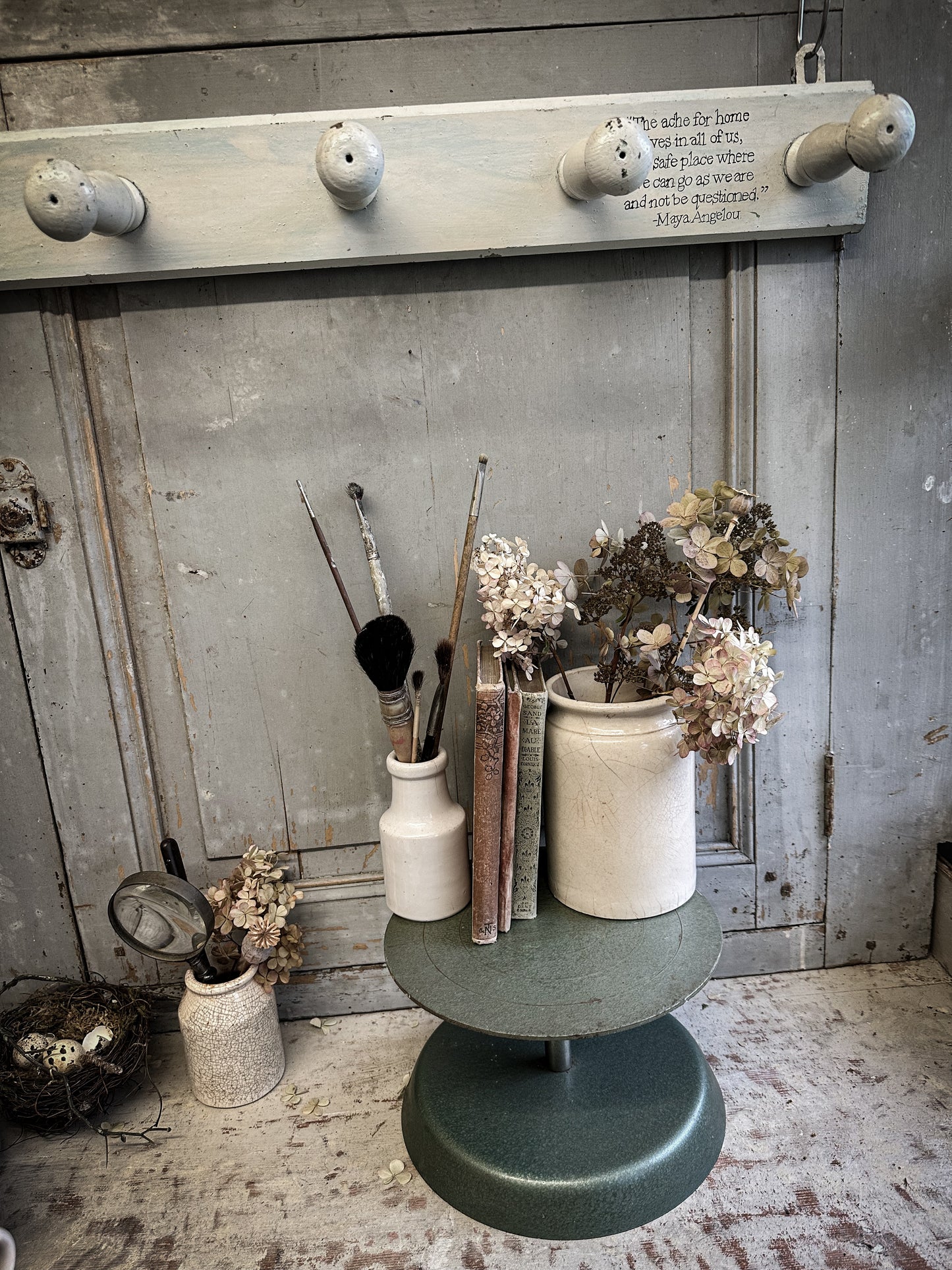 A Vintage Wooden French Coat Peg With Hand Painted Quote