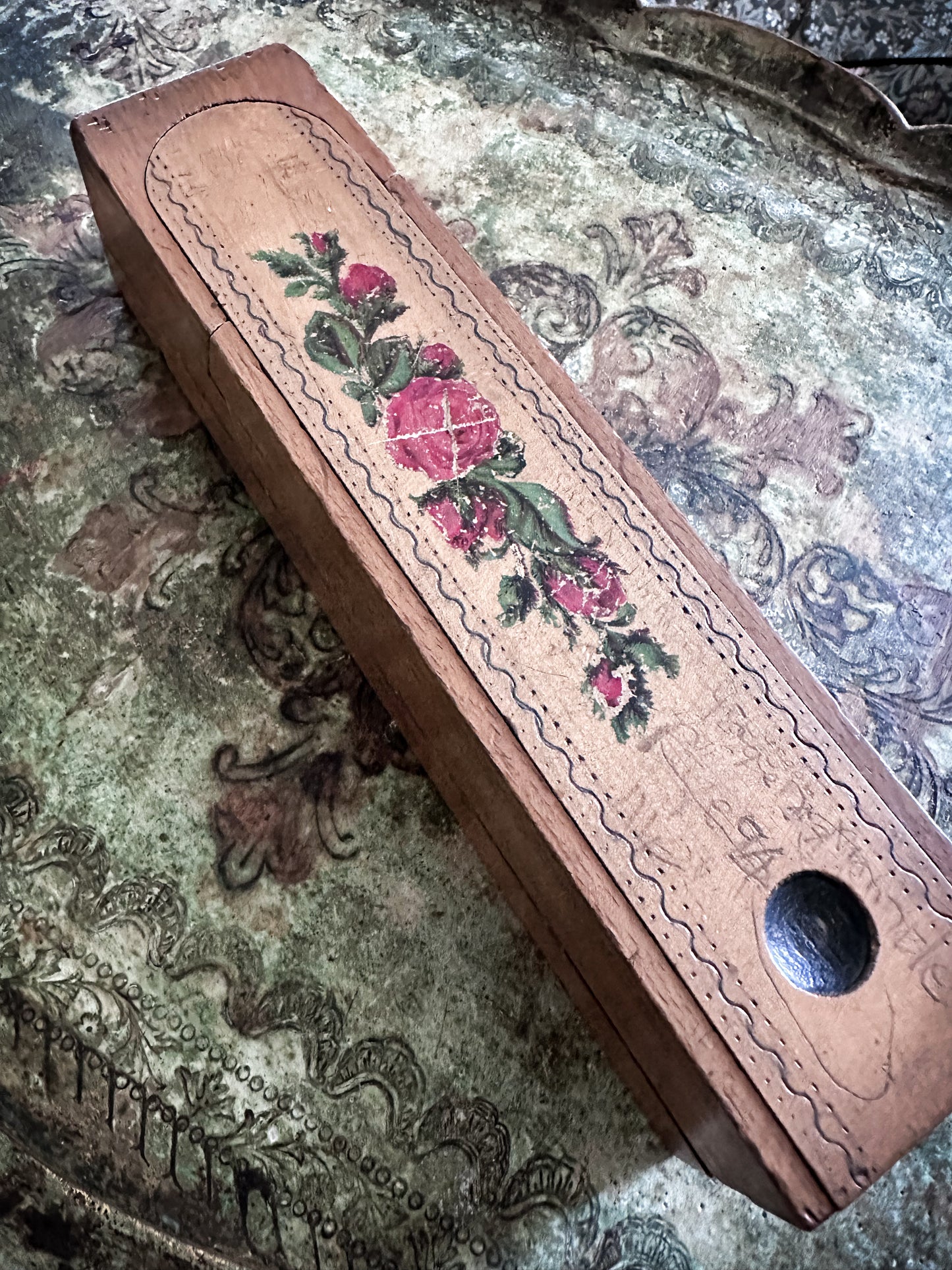 Vintage Wooden School Pencil Case with Roses