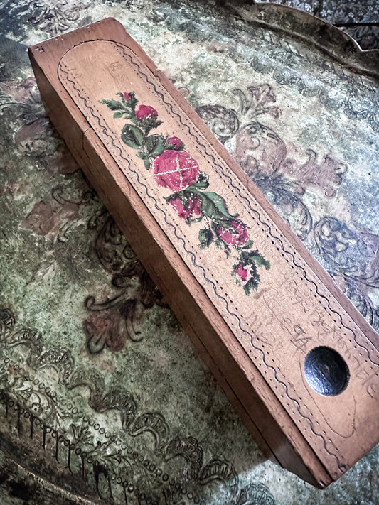 Vintage Wooden School Pencil Case with Roses