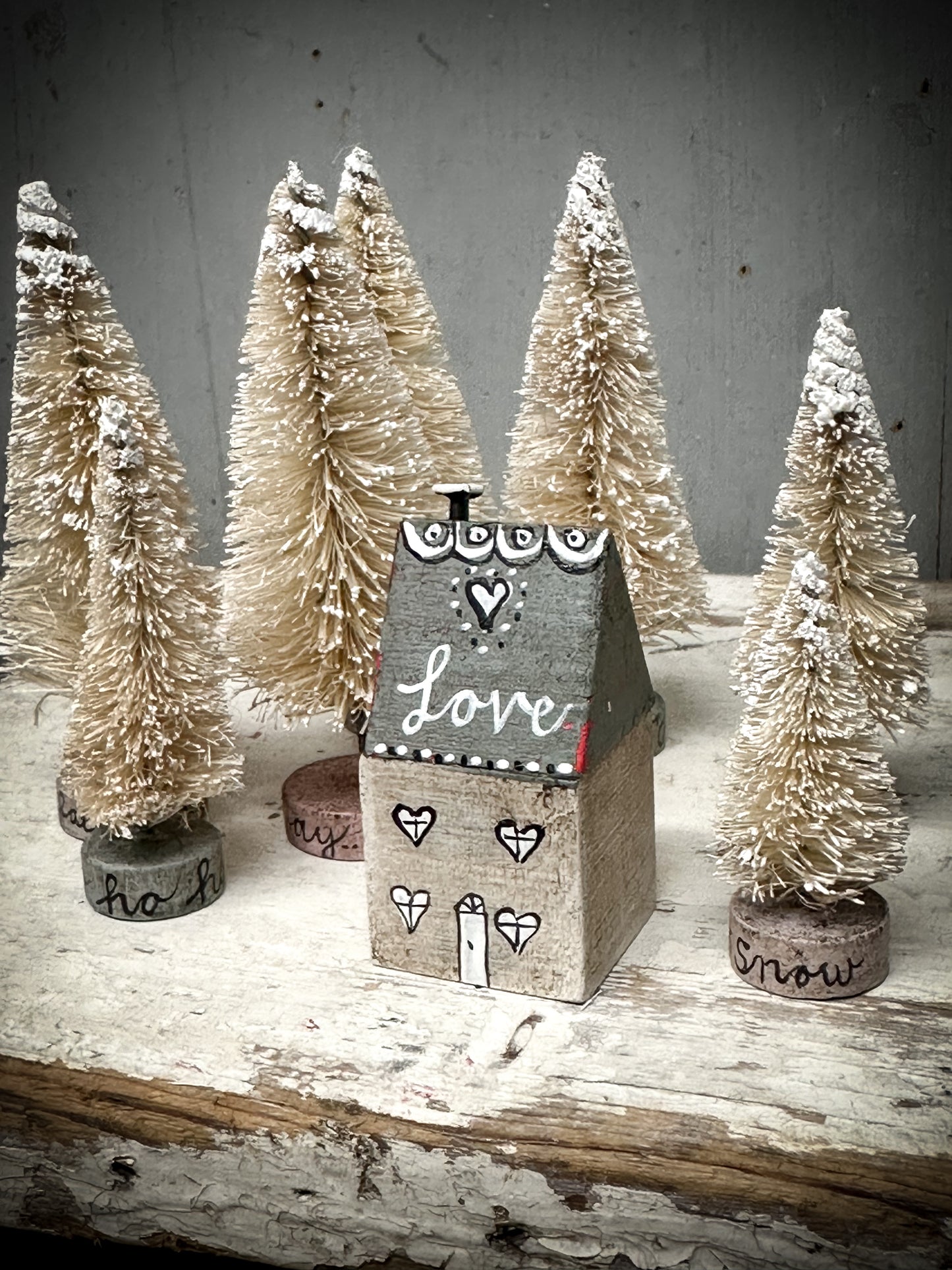 A Large Vintage German Erzgebirge Putz Wooden Village House “Love”