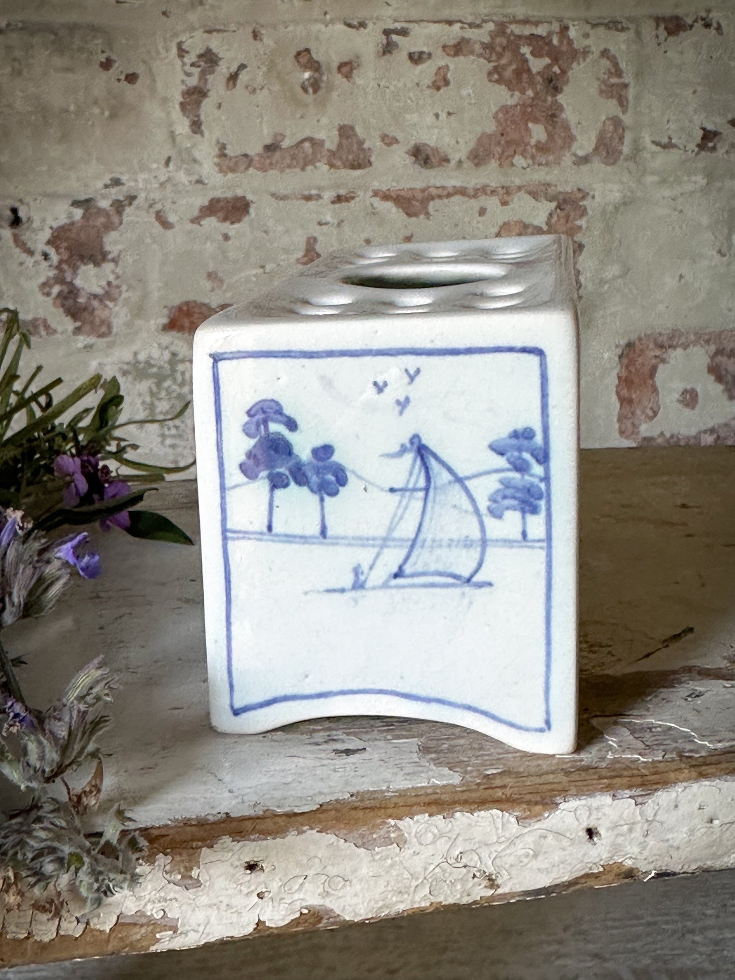 A beautiful Isis by Deborah seers Oxford, blue and white flower brick, tulipiere, flower frog, blue and white tin glaze vase