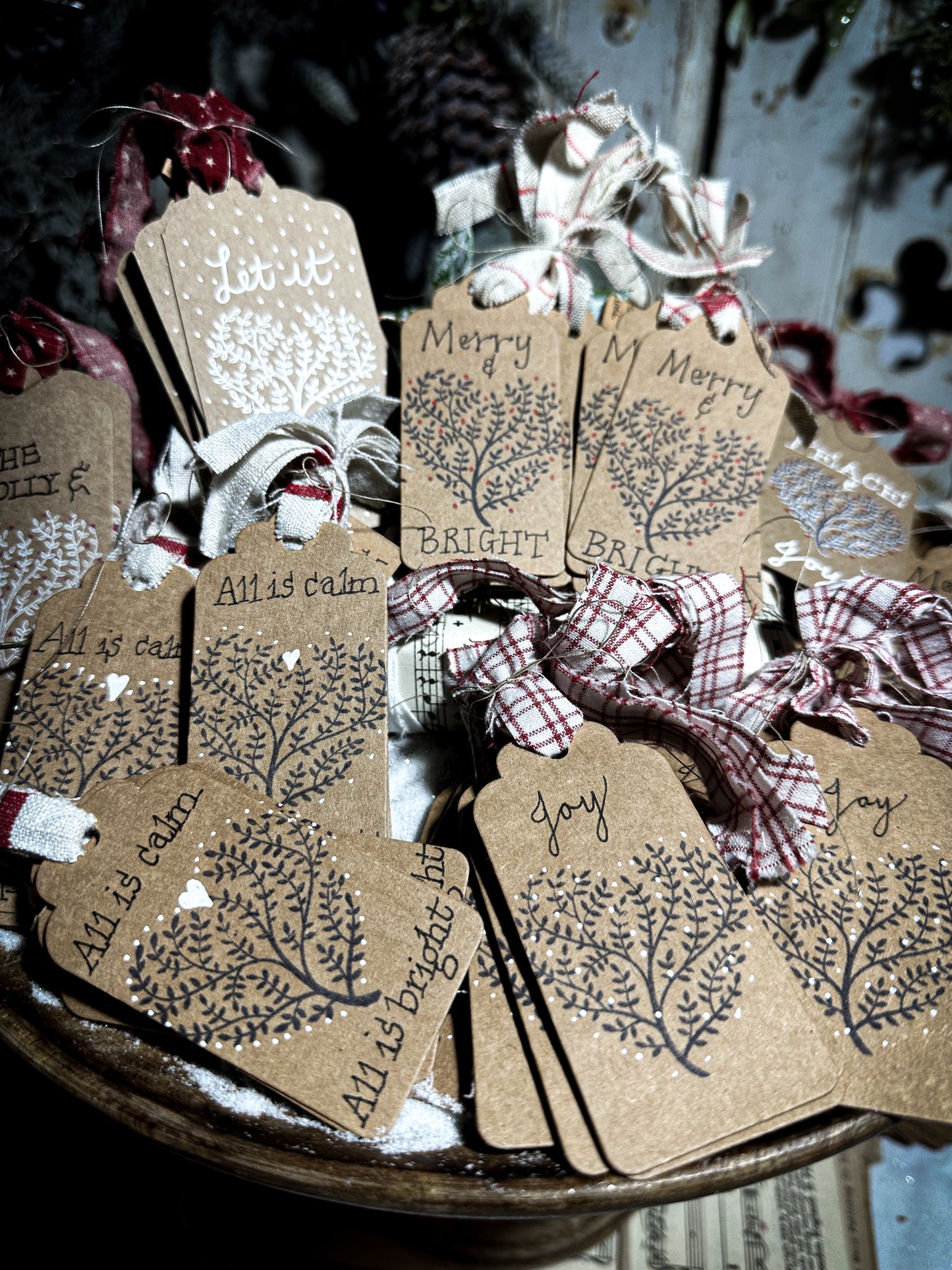 Pretty hand finished and illustrated gift tags with vintage French Fabric ties “Joy”