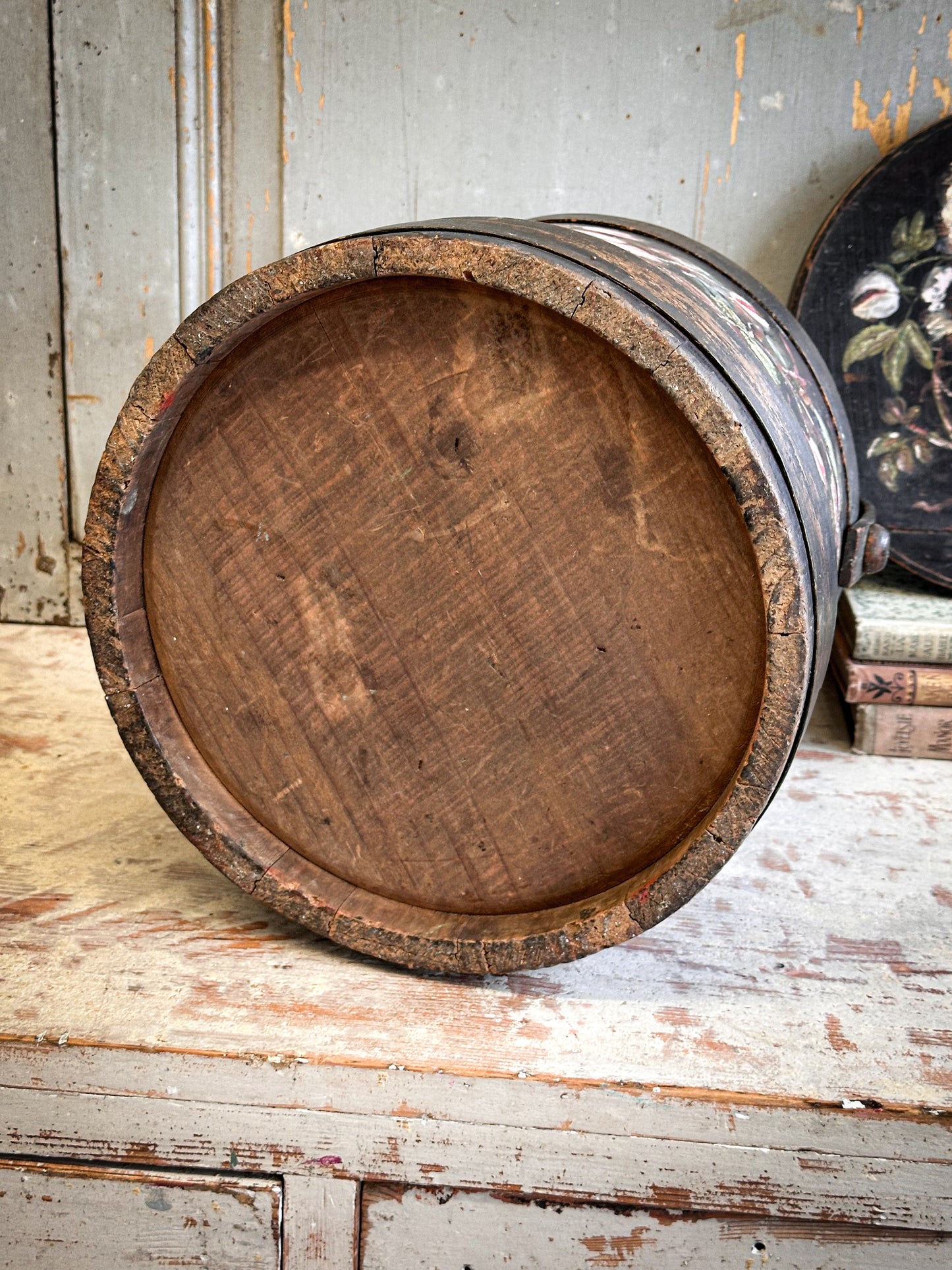 Antique Hand Painted Wooden Firkin Bucket (Scandi Folk Style)