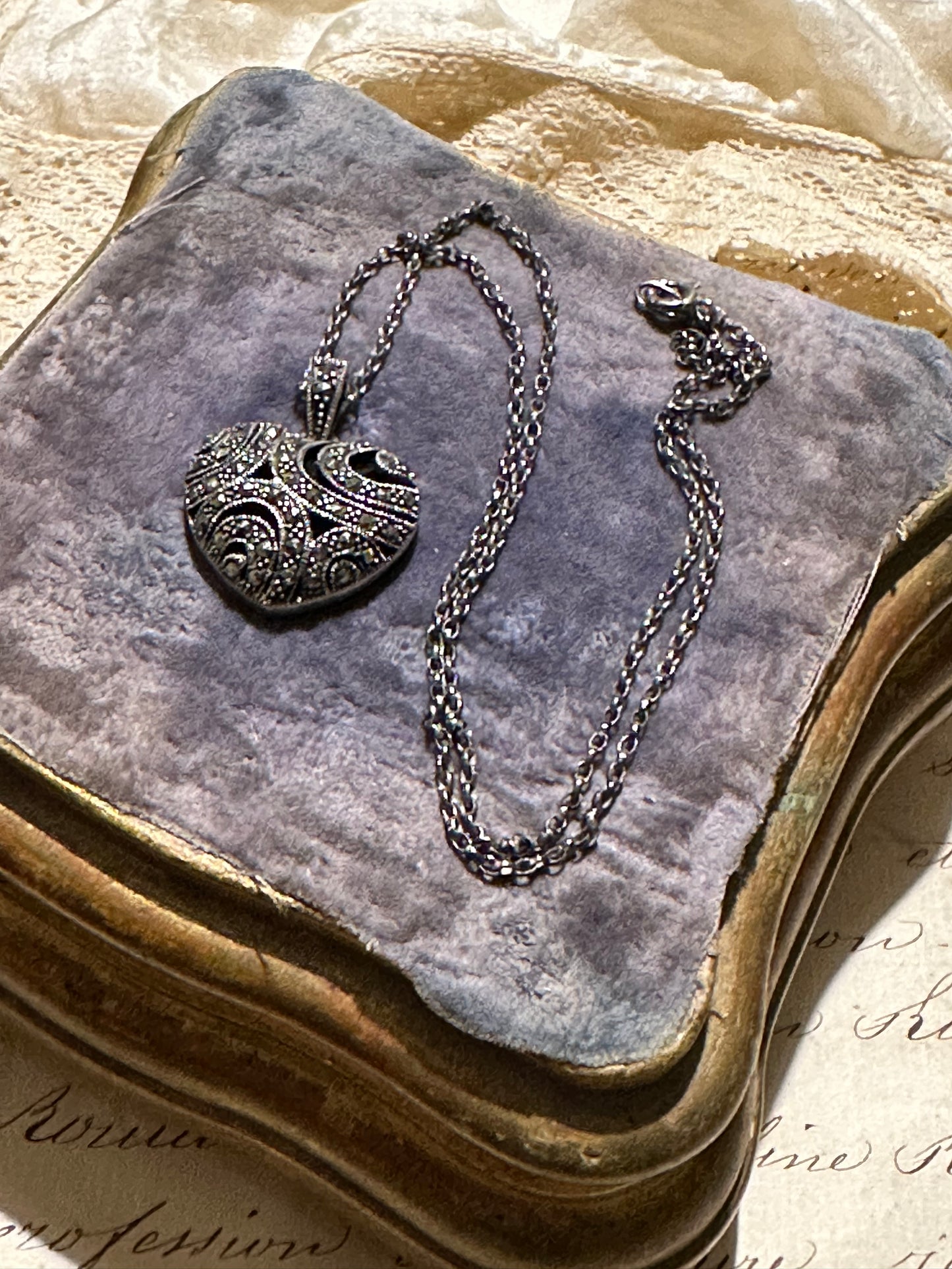 Stunning antique marcasite and black onyx stone heart pendant and chain