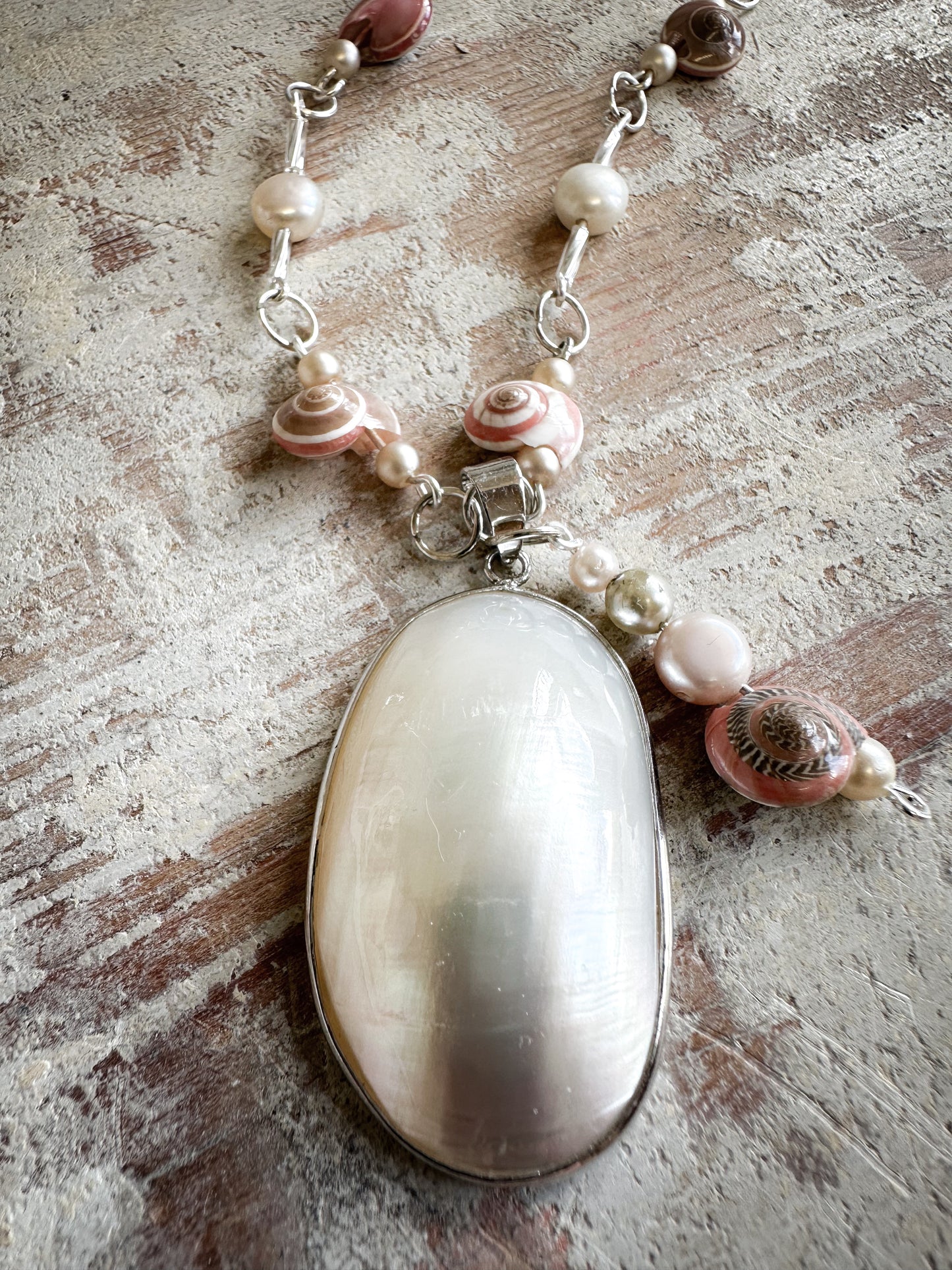 Beautiful Found Object Beaded Shell and Pearl Necklace with a Shell Pendant by Jealous Moon Jewellery