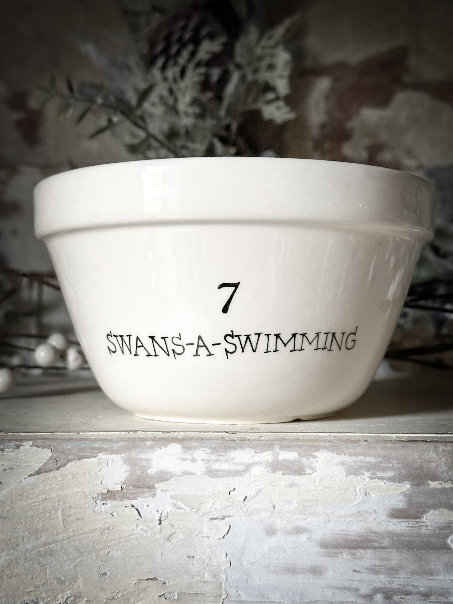 A beautiful vintage Illustrated Ironstone pudding bowl with a hand painted quote