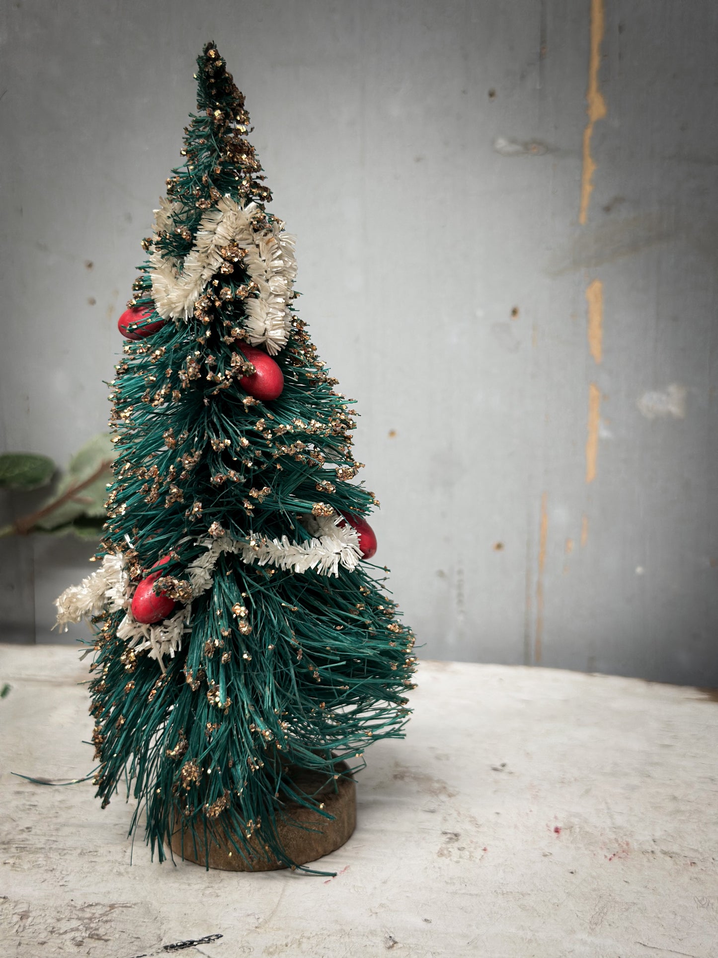 A Pair of Mid-Century Japanese Bottle-Brush Christmas Trees with Baubles – c.1950s–60s