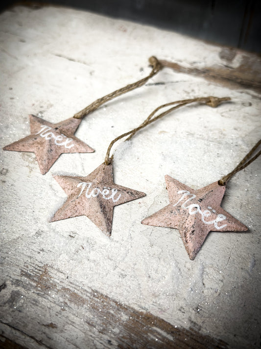 A Mini Pale Pink Tin Barn Star Christmas Decoration “Noël”
