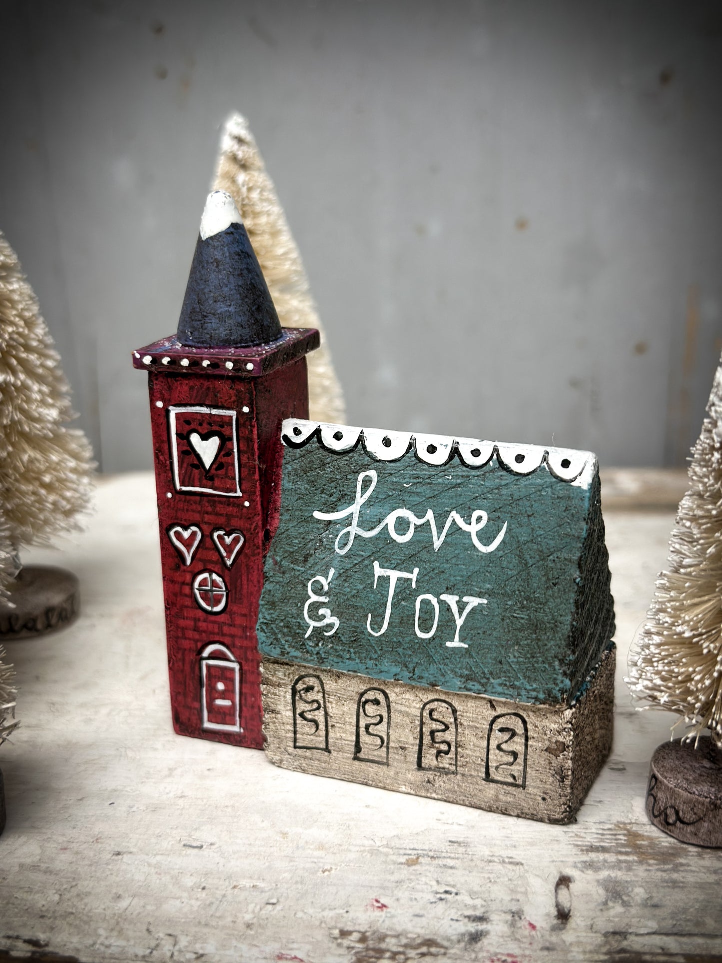 A Large Vintage German Erzgebirge Putz Wooden Village House “Love & Joy”