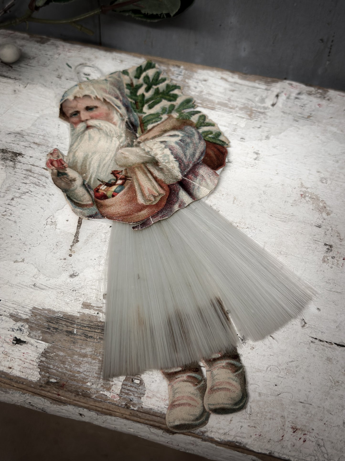 Antique German Father Christmas Ornament with Spun-Glass Skirt (c. 1900–1930)