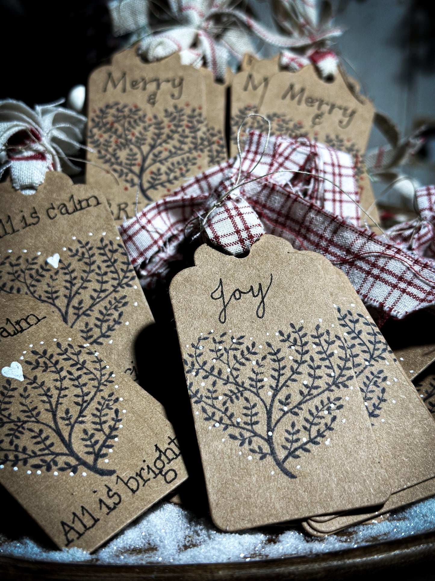 Pretty hand finished and illustrated gift tags with vintage French Fabric ties “Joy”