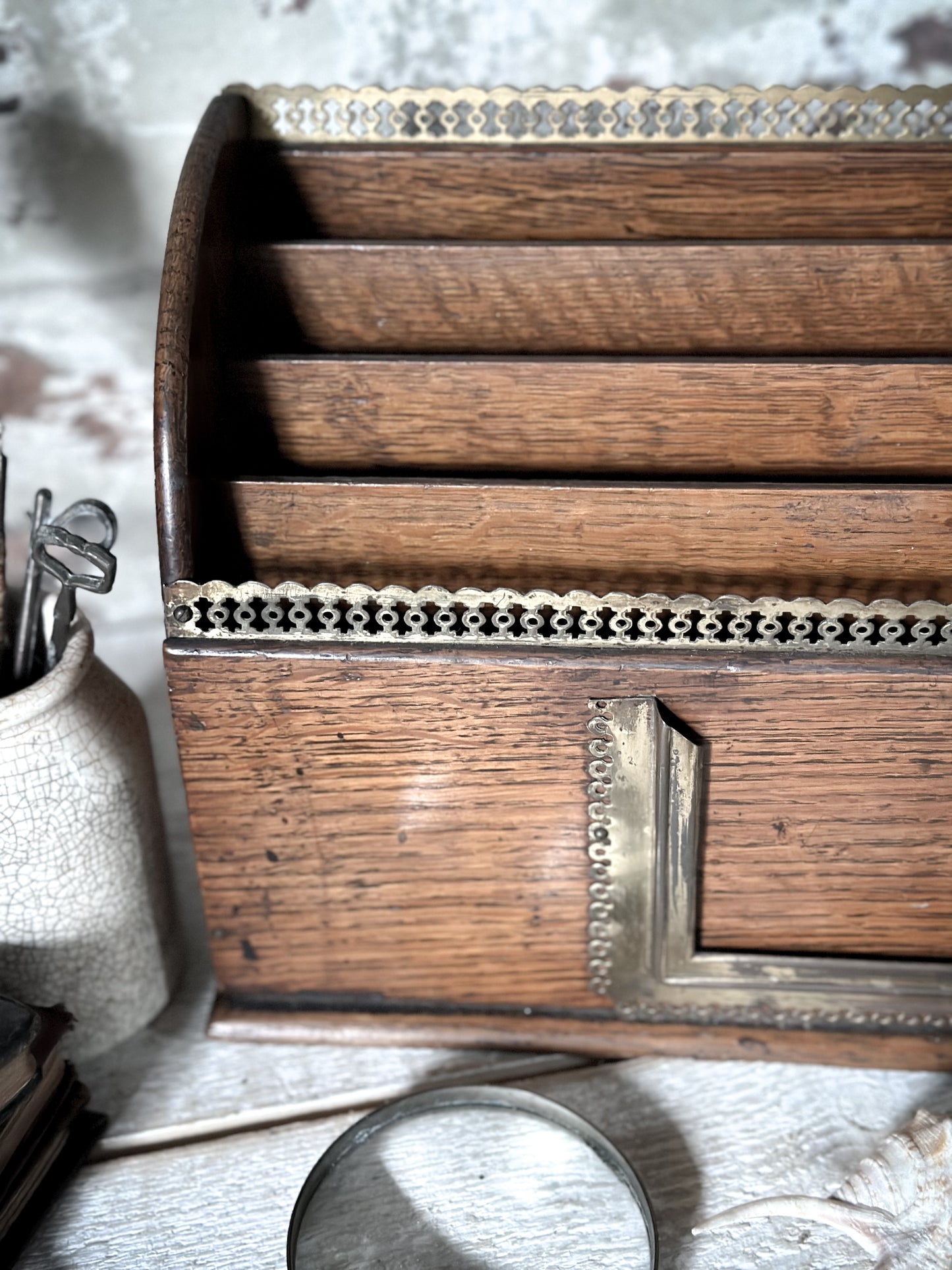 Victorian Oak Letter Rack with brass fretwork