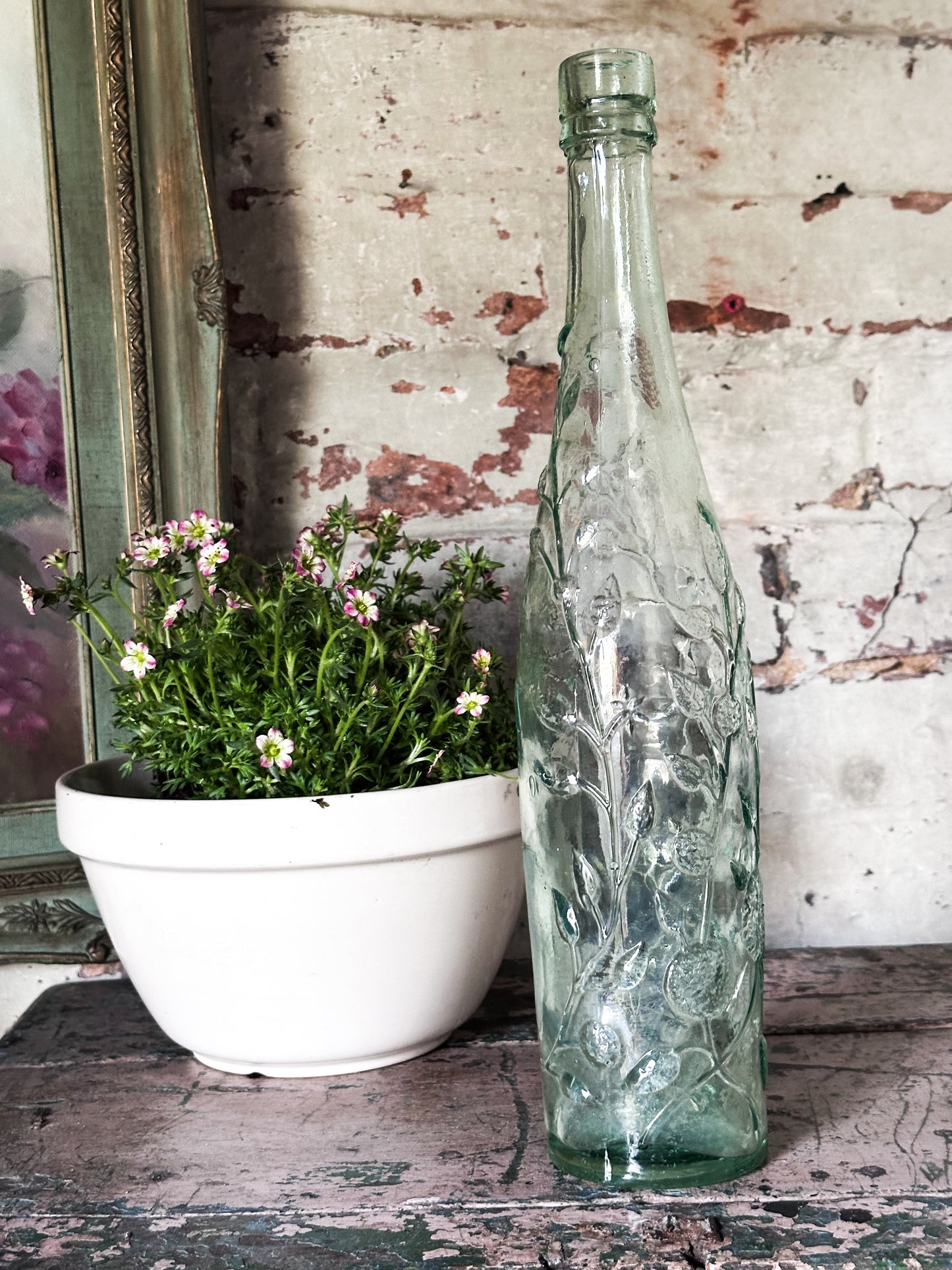 Victorian Rose’s Lime Cordial Bottle – Tall Embossed Floral Aqua Glass