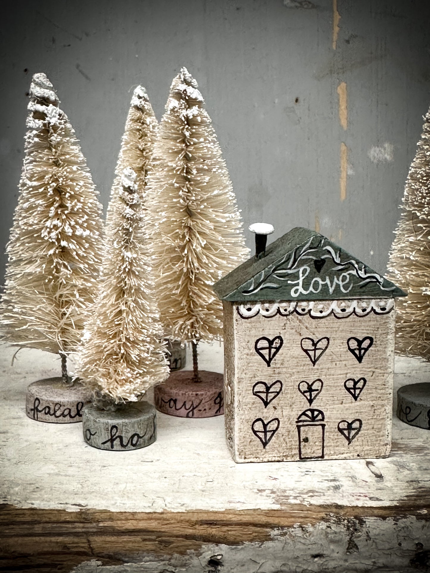 A Large Vintage German Erzgebirge Putz Wooden Village House “Love”