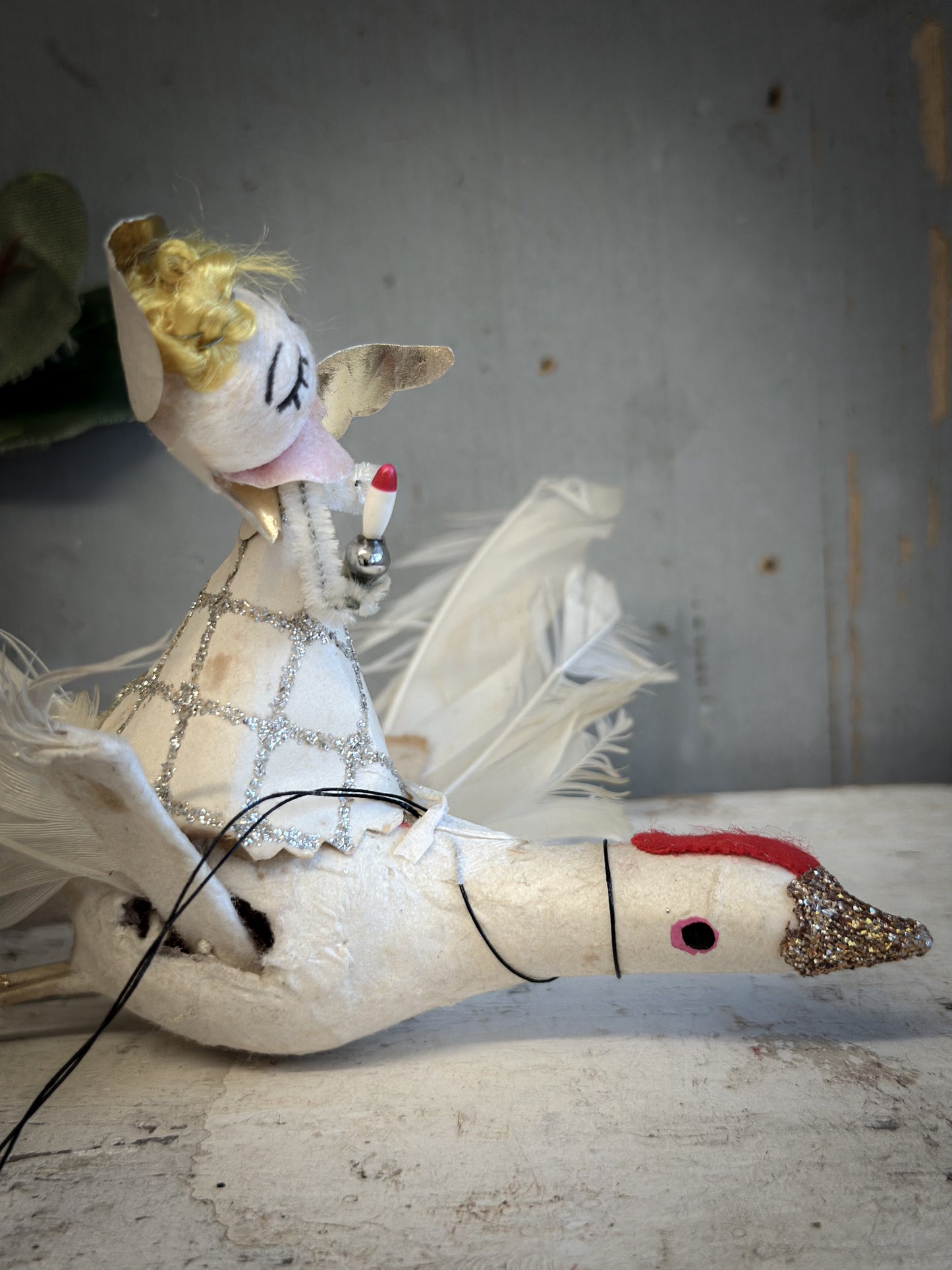 Mid-Century Japanese Spun-Cotton Angel Riding a Goose – Feather Wings & Mica Glitter – c.1950s–60s