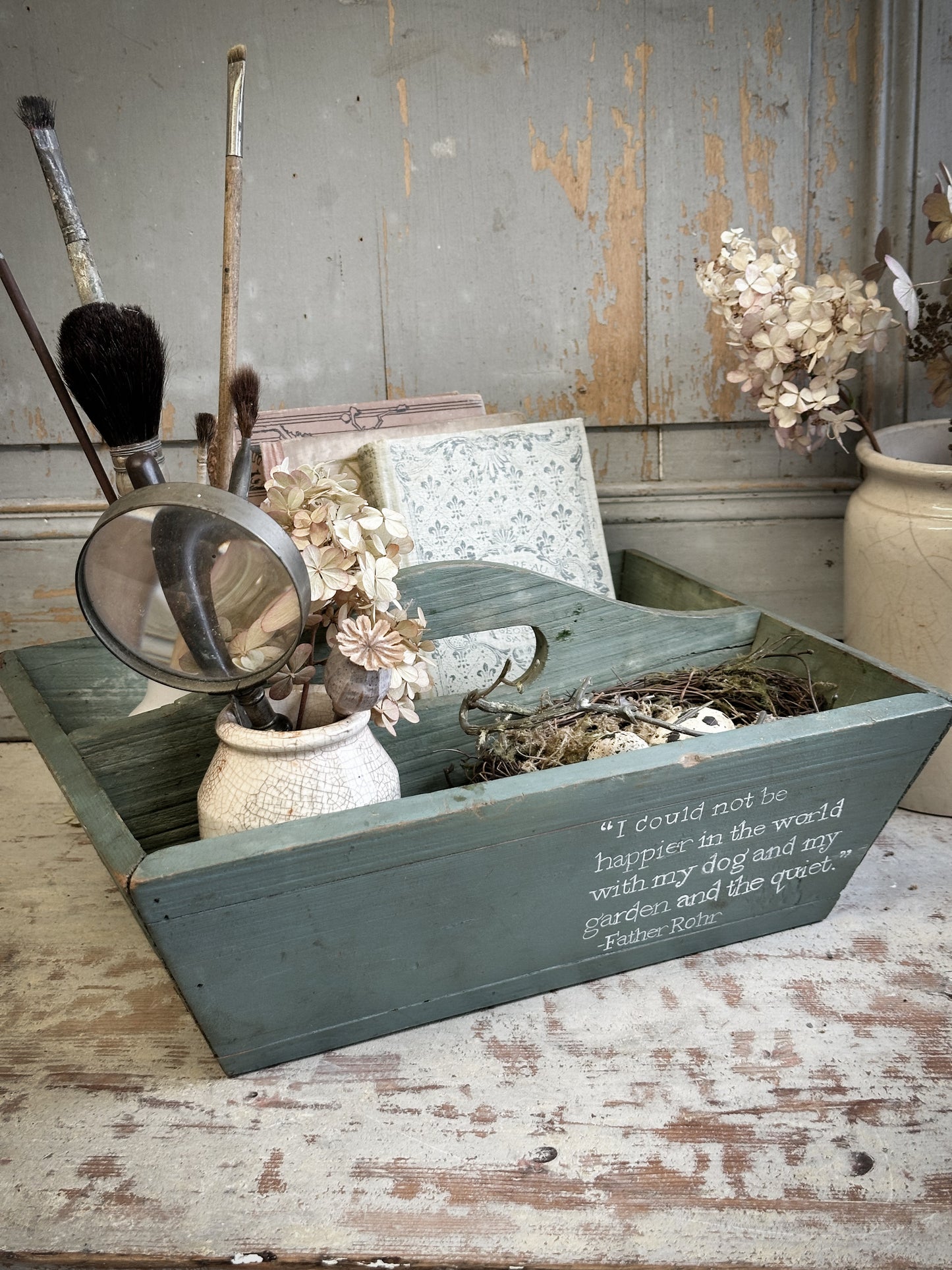 A Vintage Chippy Paint Wooden Trug With Garden Quote