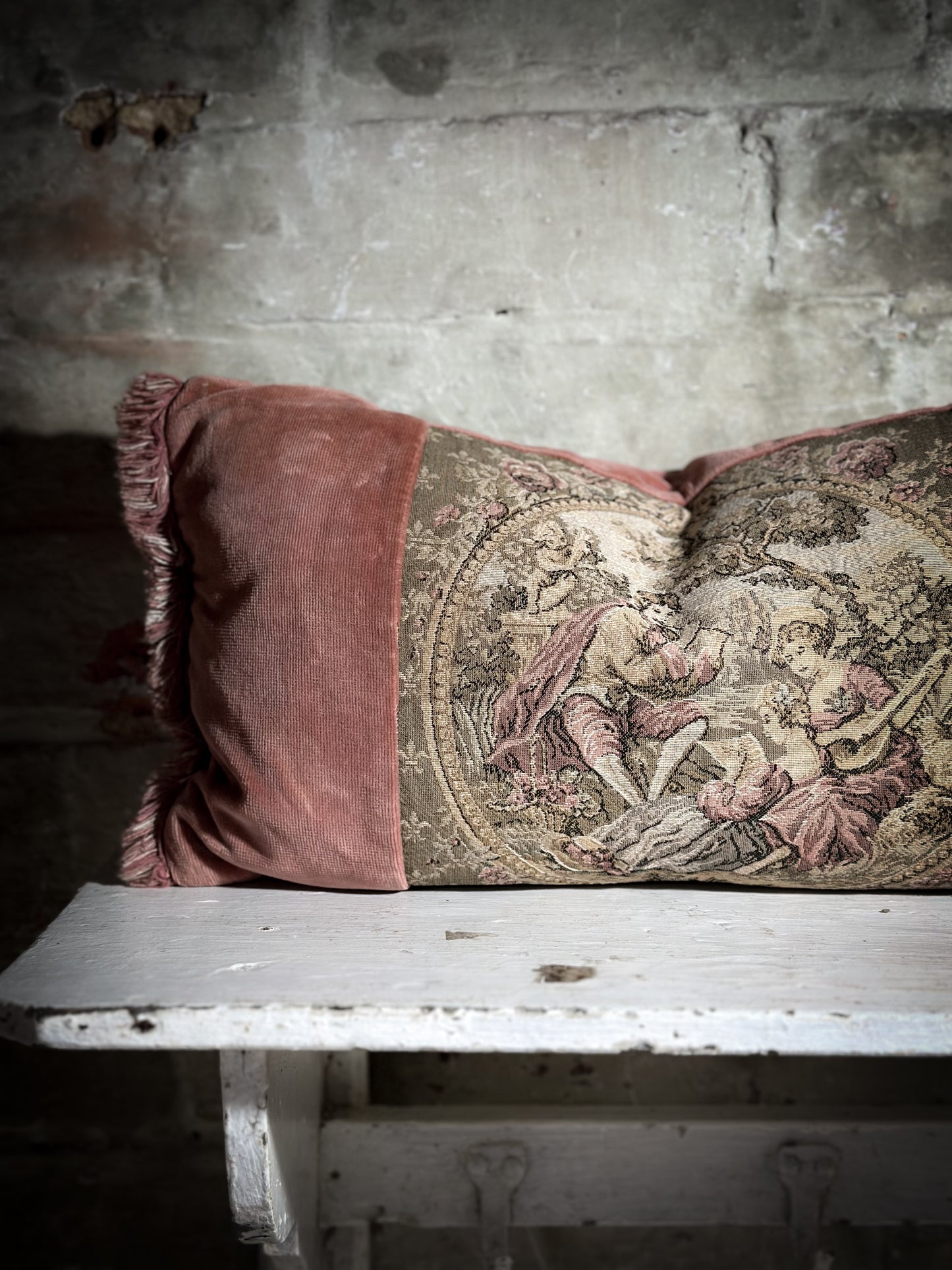 A Vintage Velvet Tapestry Fragonard Mini Bolster Cushion