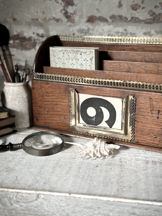 Victorian Oak Letter Rack with brass fretwork