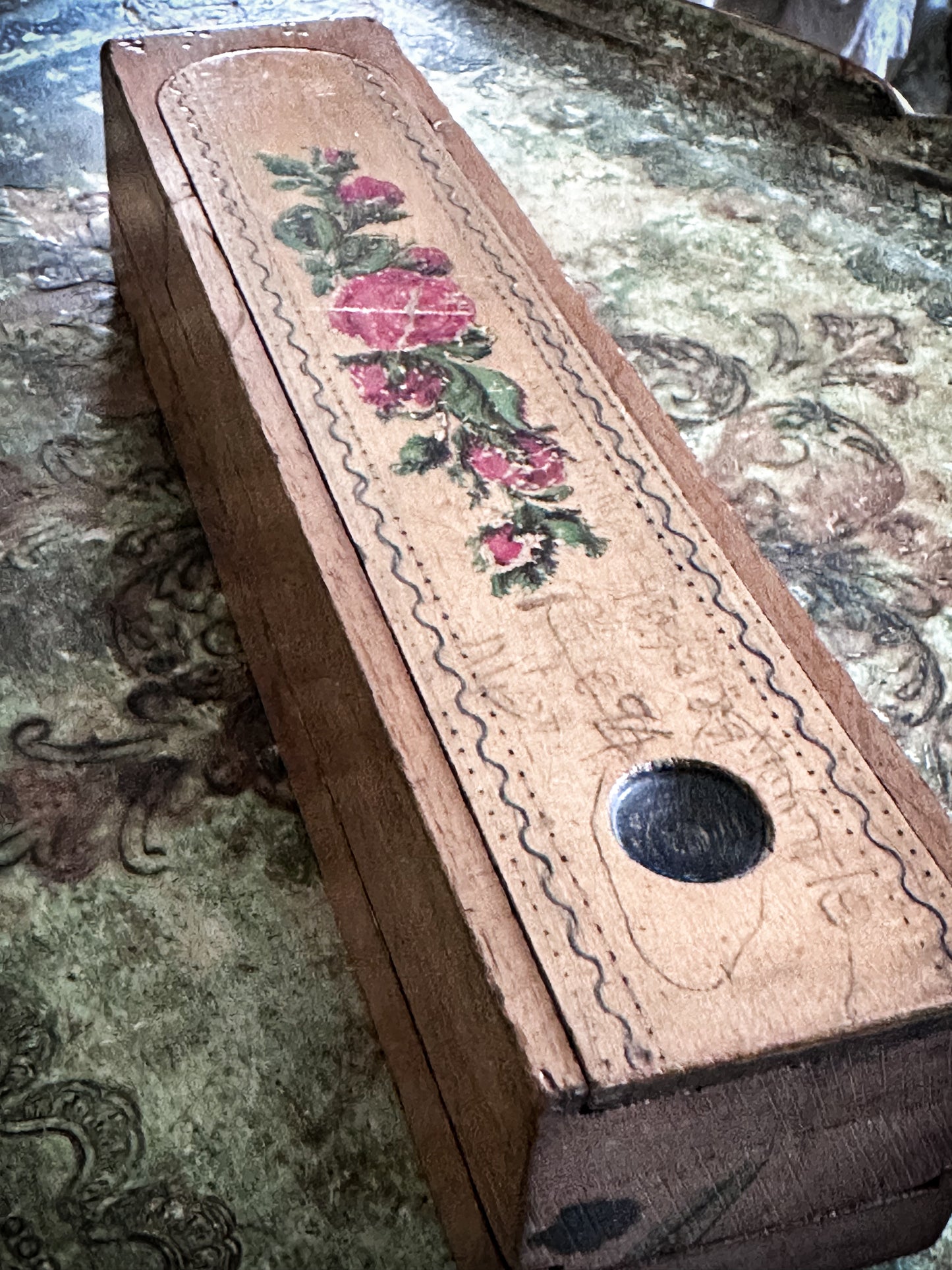 Vintage Wooden School Pencil Case with Roses