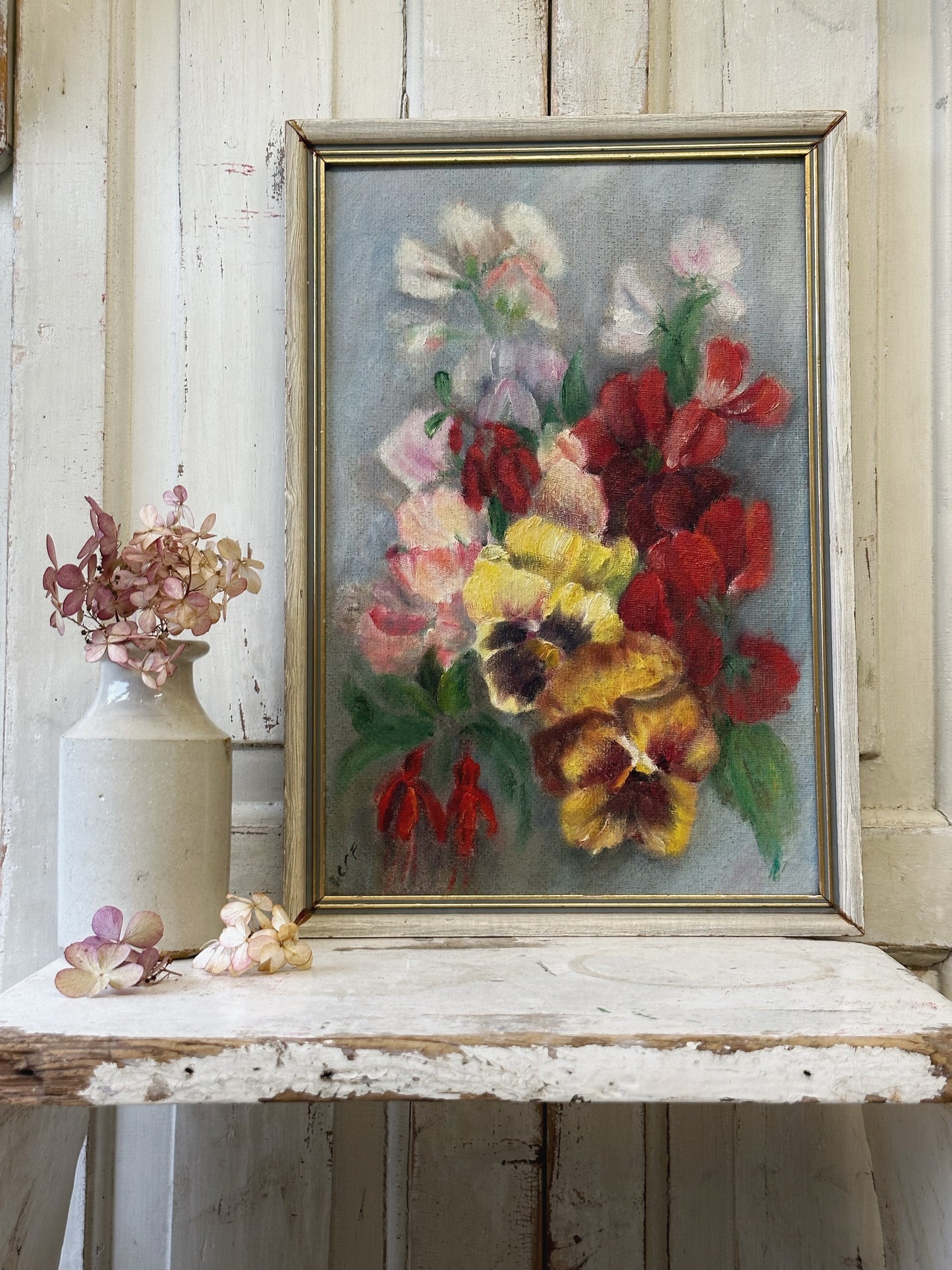 Vintage Still Life Flowers Pansies Oil On Board  Signed ICCF