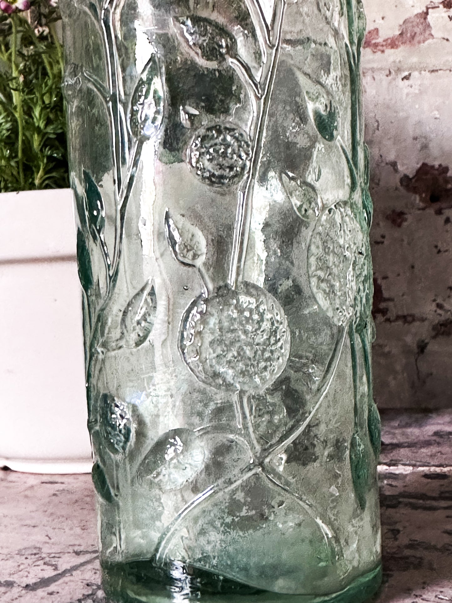 Victorian Rose’s Lime Cordial Bottle – Tall Embossed Floral Aqua Glass