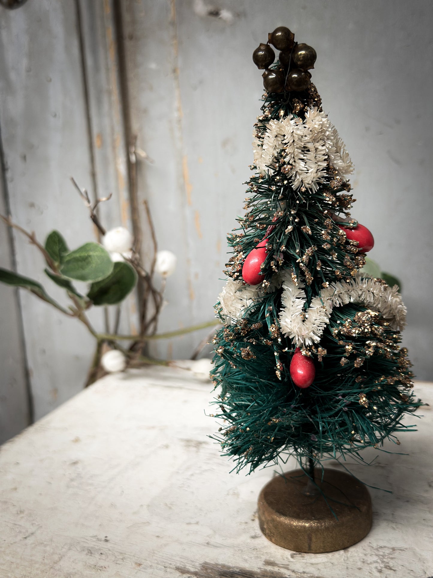 A Pair of Mid-Century Japanese Bottle-Brush Christmas Trees with Baubles – c.1950s–60s
