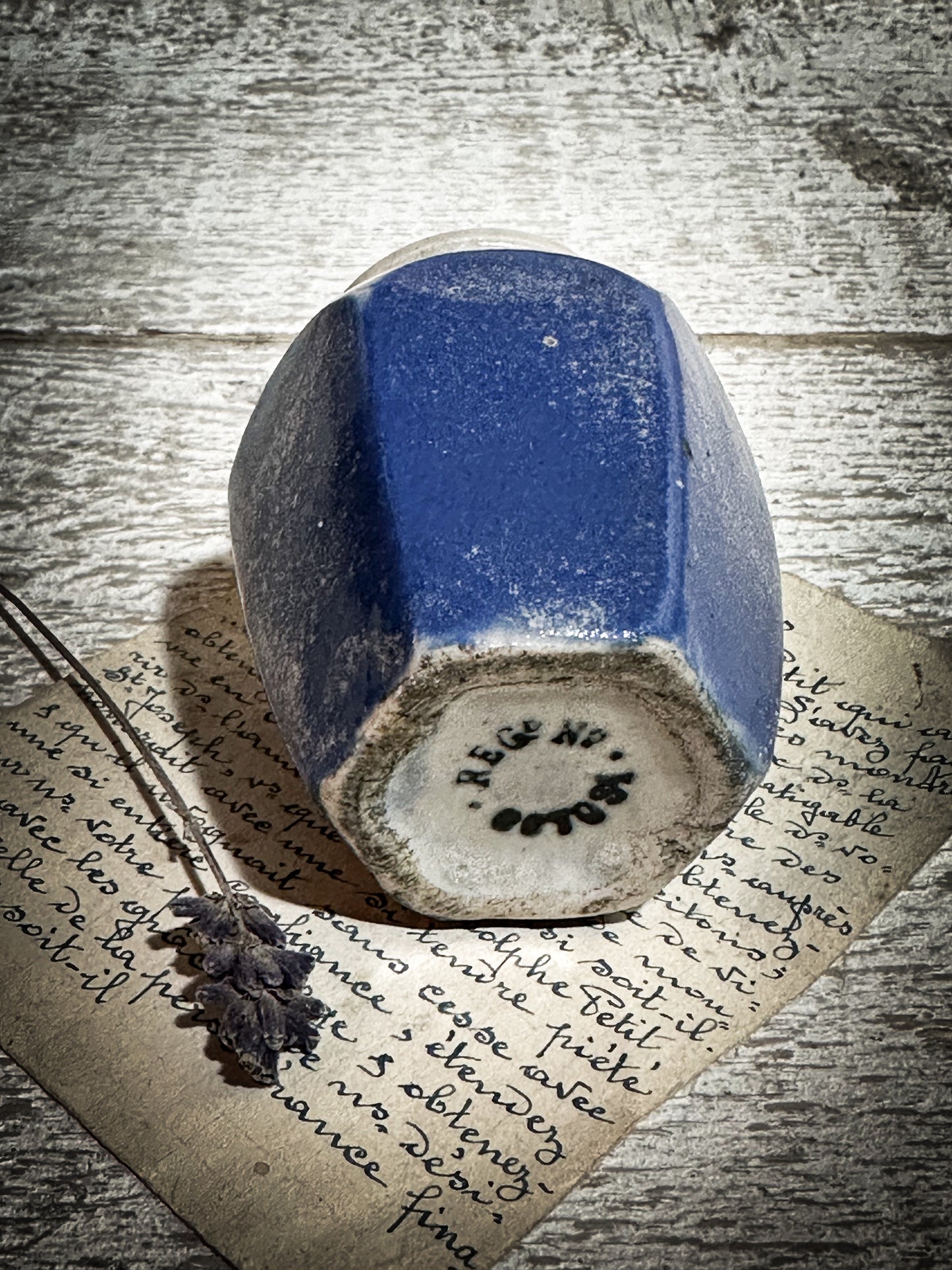 Antique Hexagonal Creamery Bottle with Blue Glaze