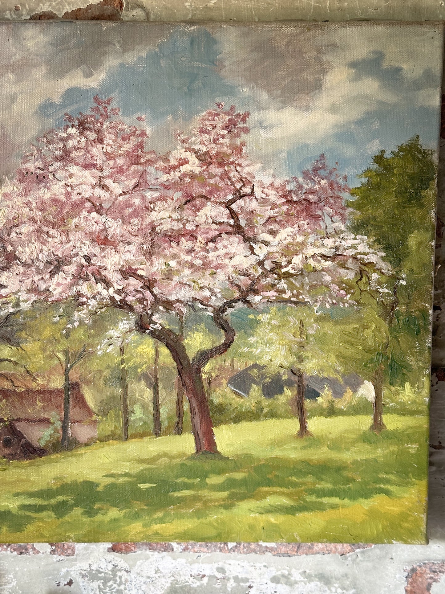 A lovely French Vintage oil on canvas painting of a Spring landscape