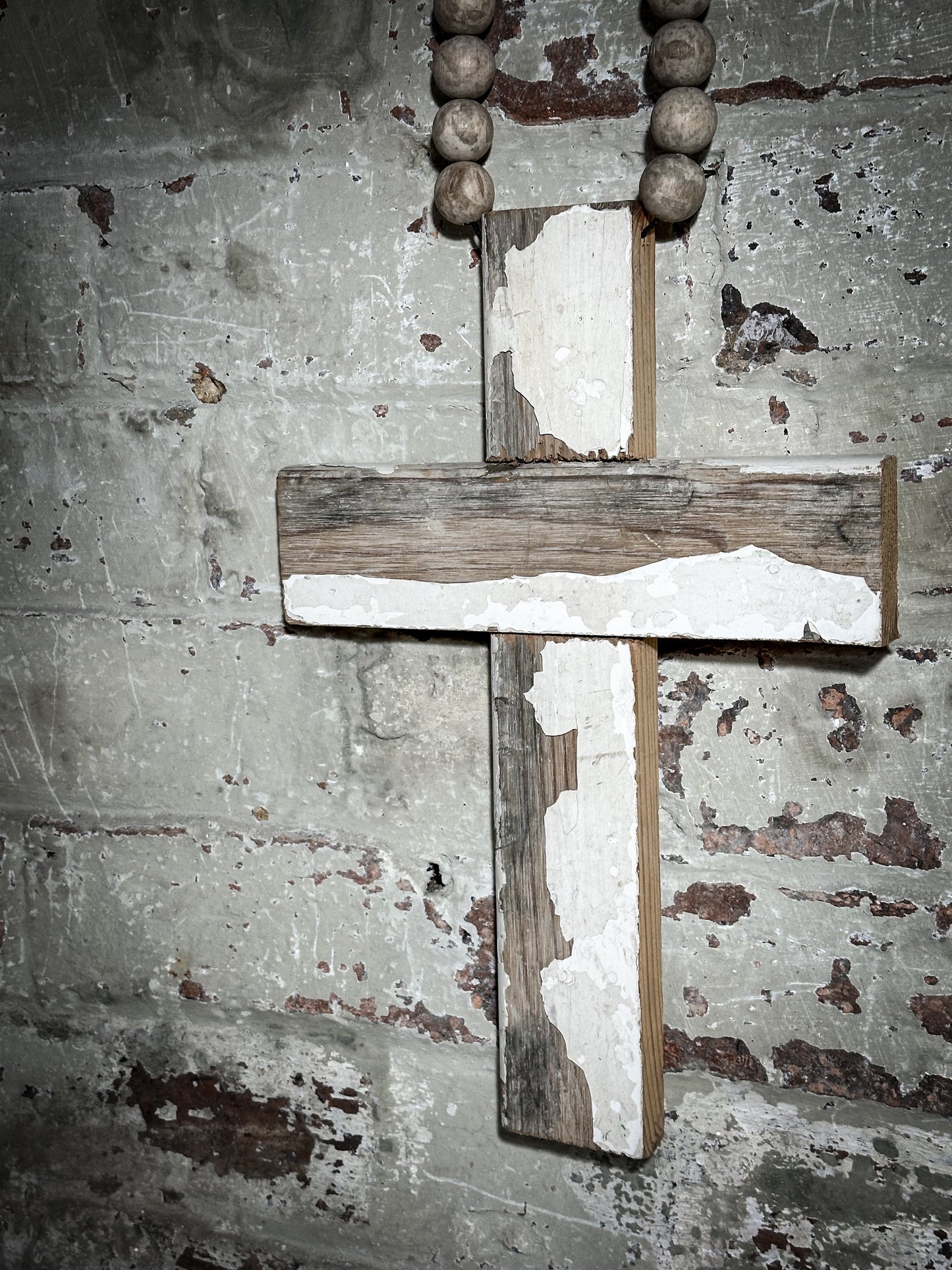 A beautiful hand made recycled wooden oversized crucifix or rosary