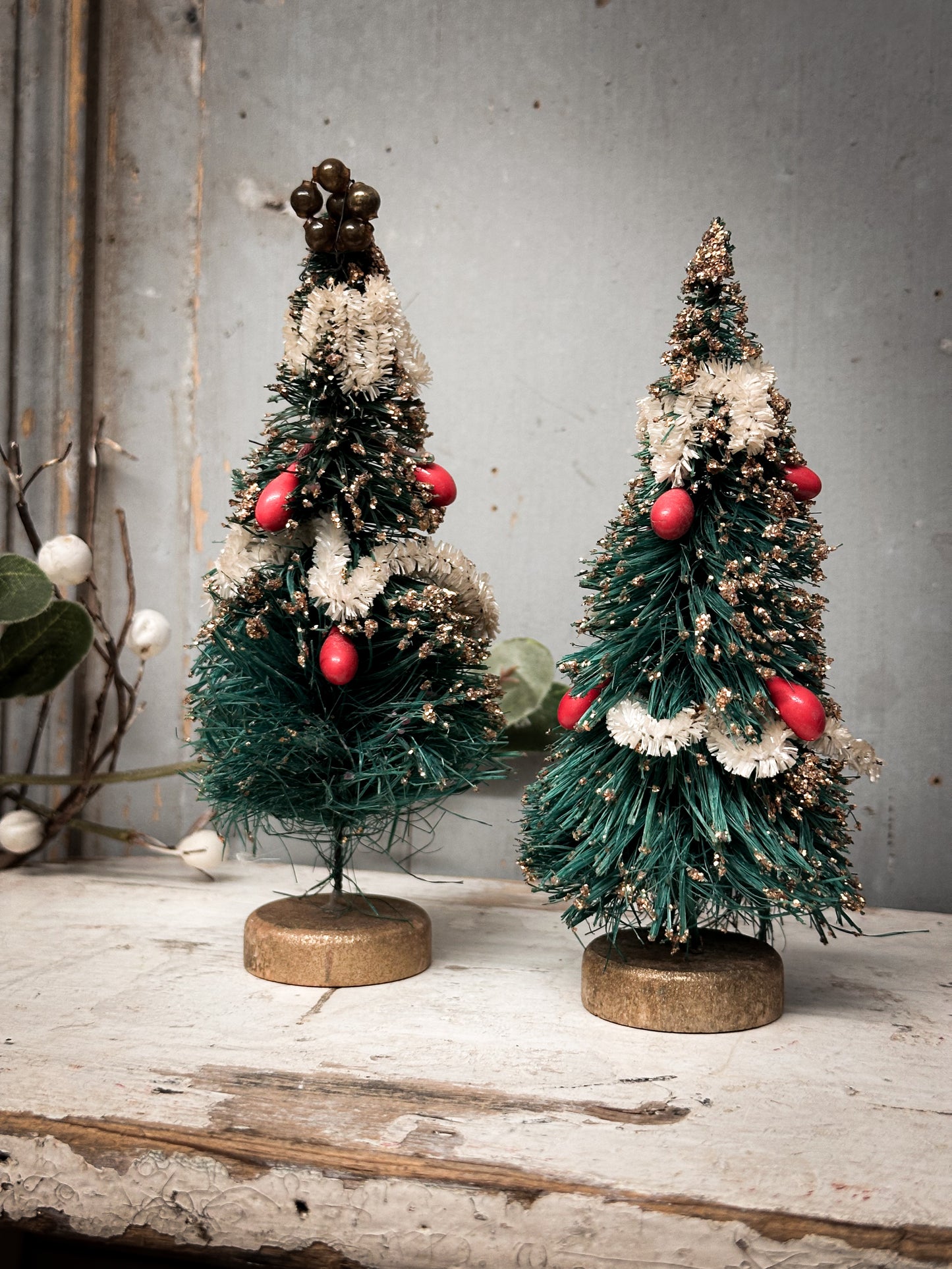 A Pair of Mid-Century Japanese Bottle-Brush Christmas Trees with Baubles – c.1950s–60s