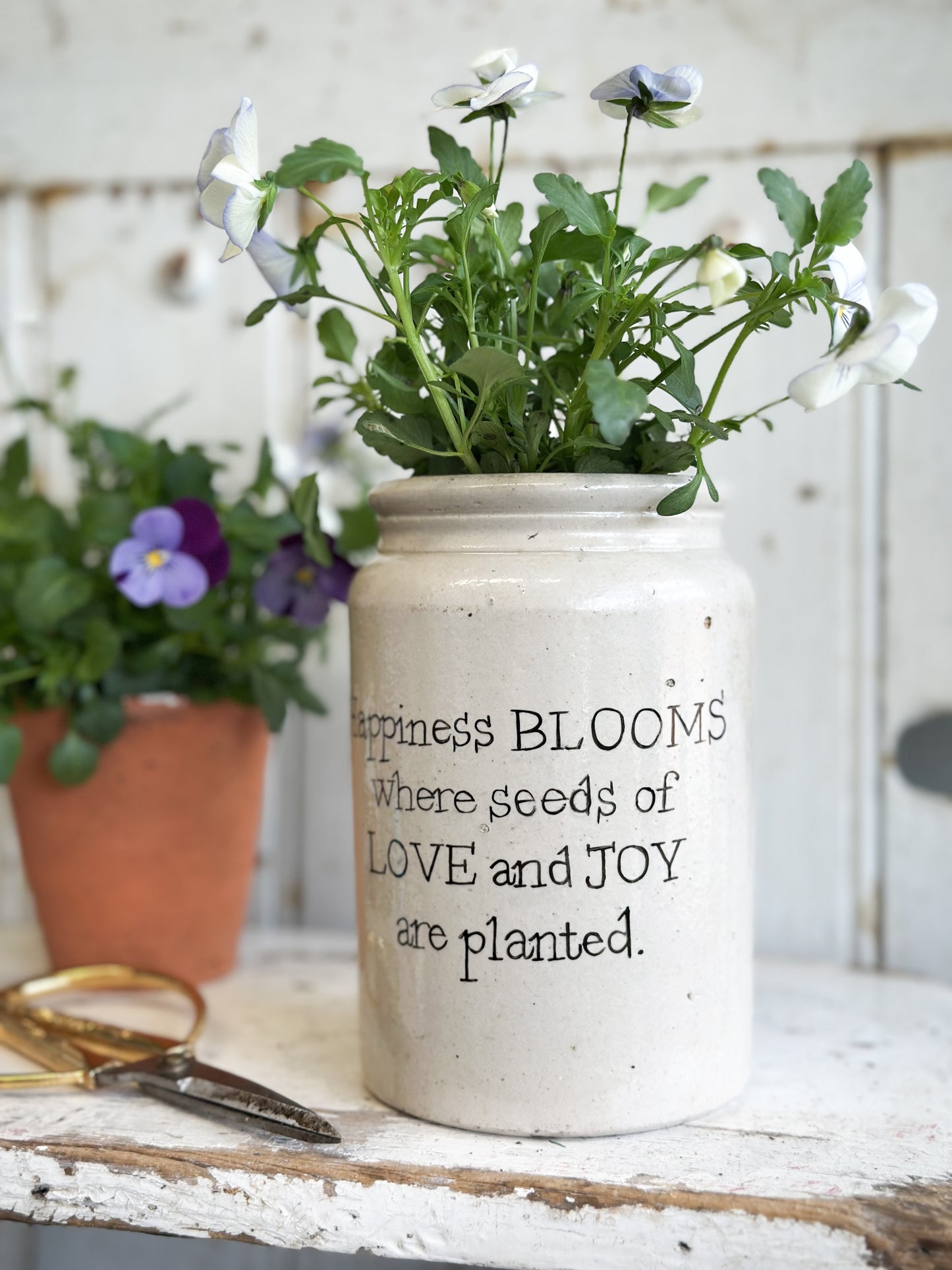 “Happiness Blooms” Large Painted Stoneware Pot