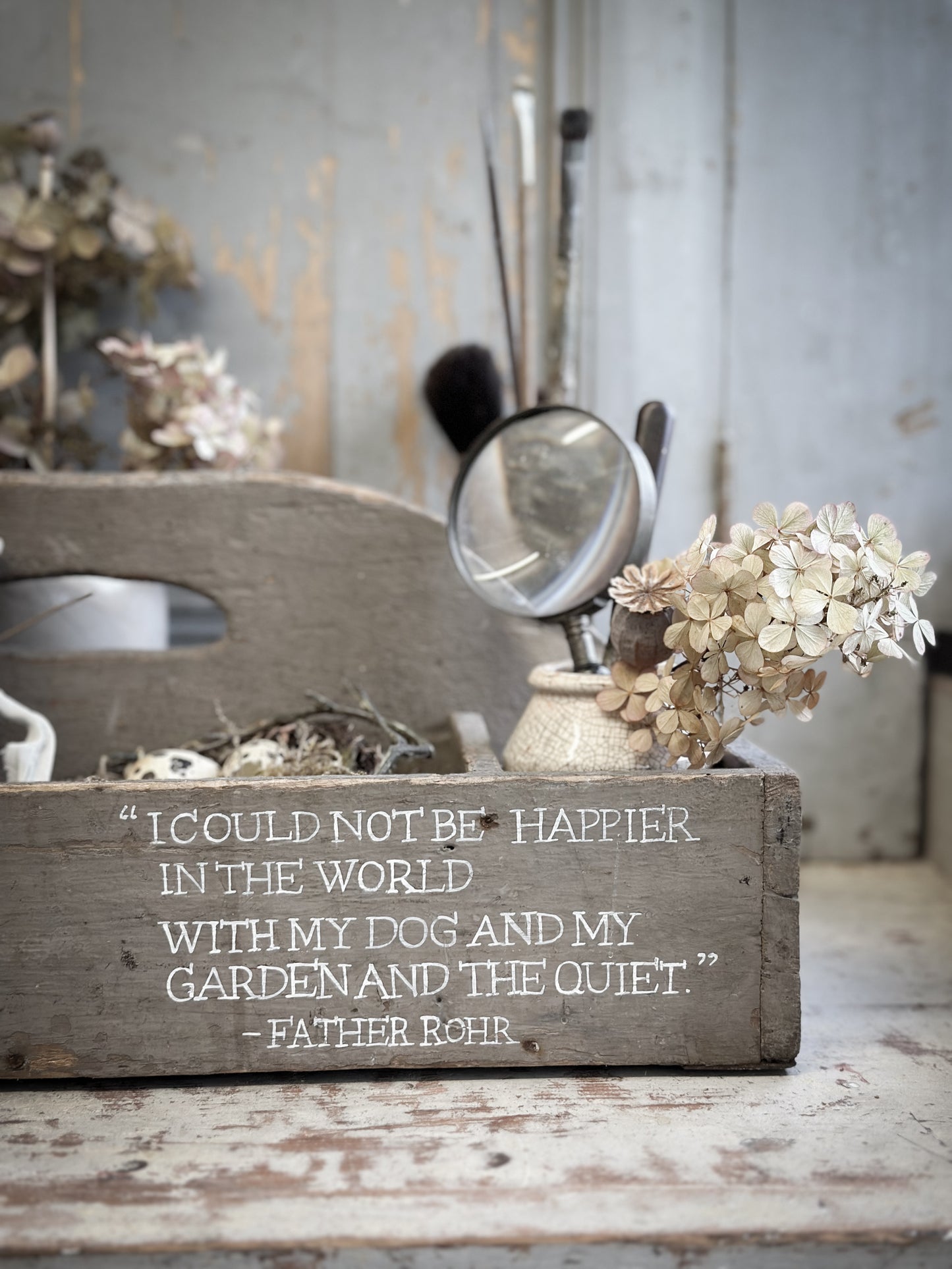 A Large Vintage French Chippy Paint Wooden Trug With Garden Quote