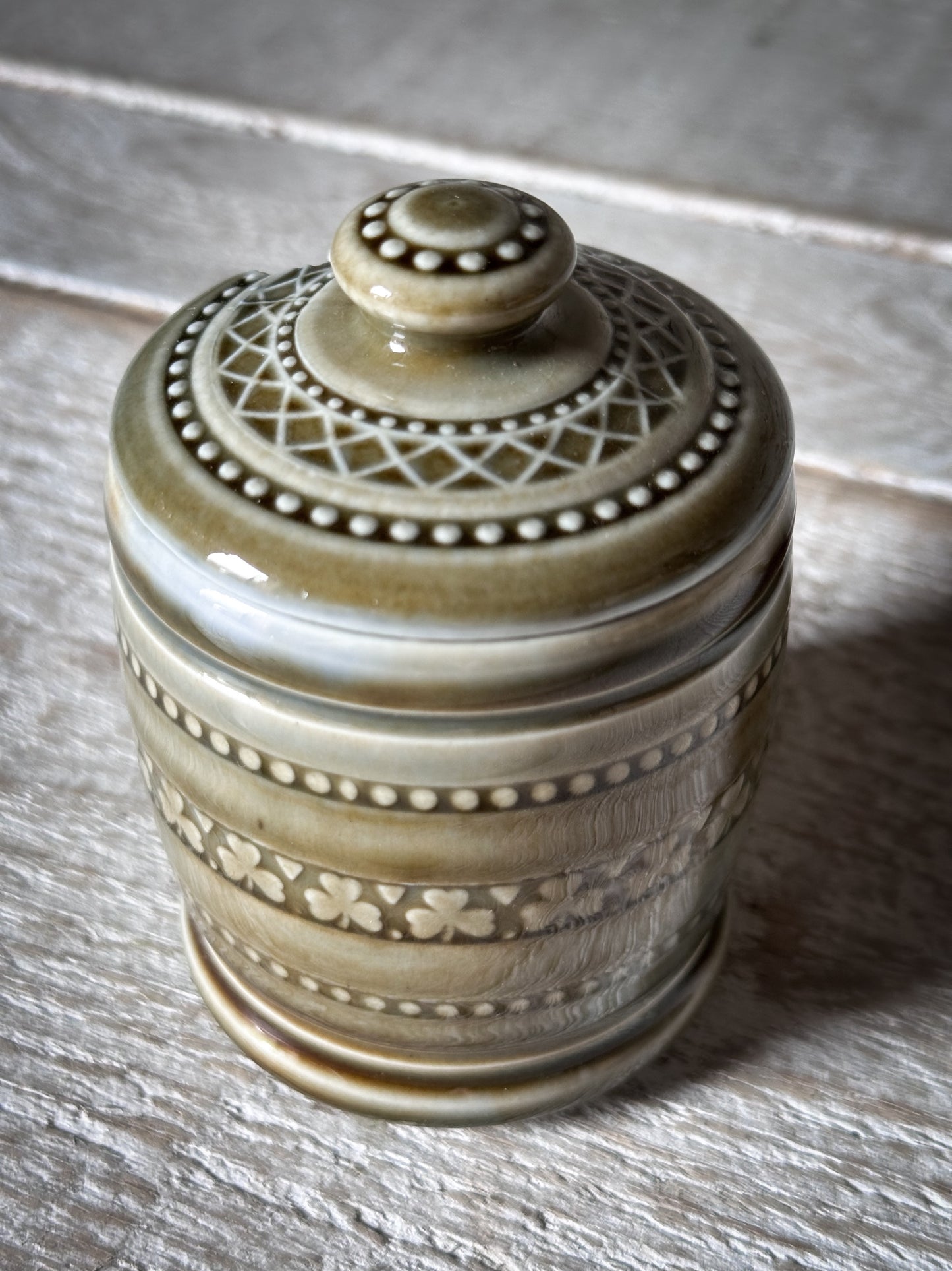 Vintage Irish Porcelain Honey Pot with Lid | Shamrock Stoneware Preserve Jar | Made in Ireland