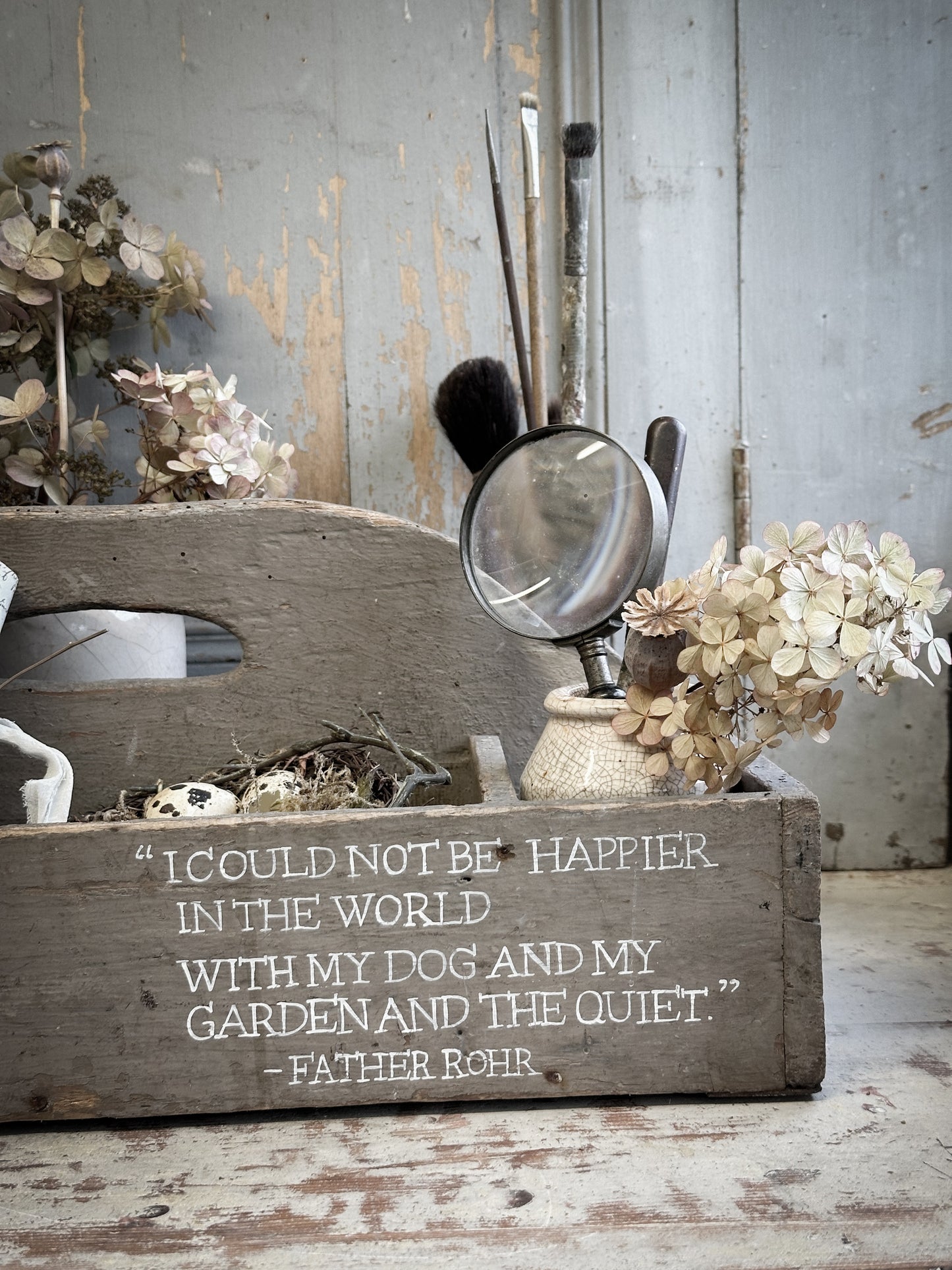 A Large Vintage French Chippy Paint Wooden Trug With Garden Quote