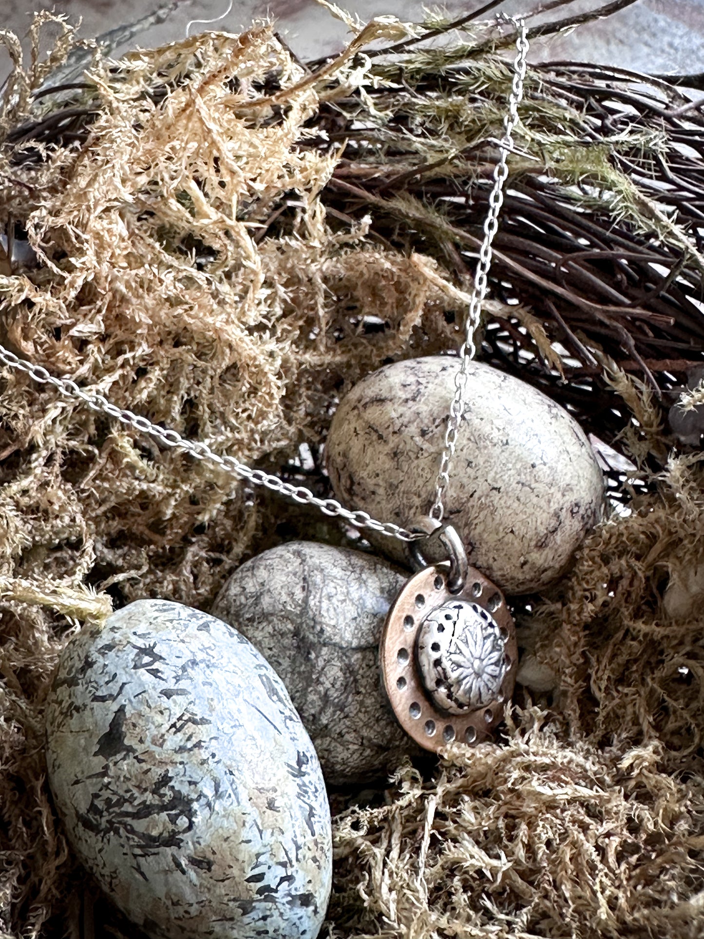 Moon Garden Medallion – Fine Silver Botanical Sprig on Hand-Stamped Copper
