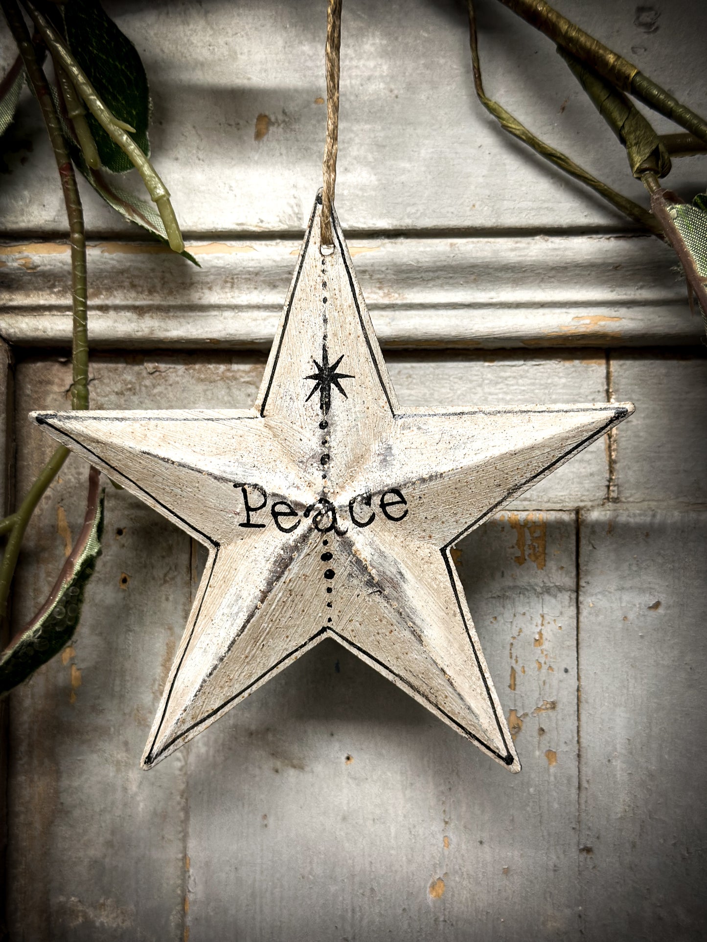 A Large Grey Tin Barn Star Christmas Decoration “Peace”