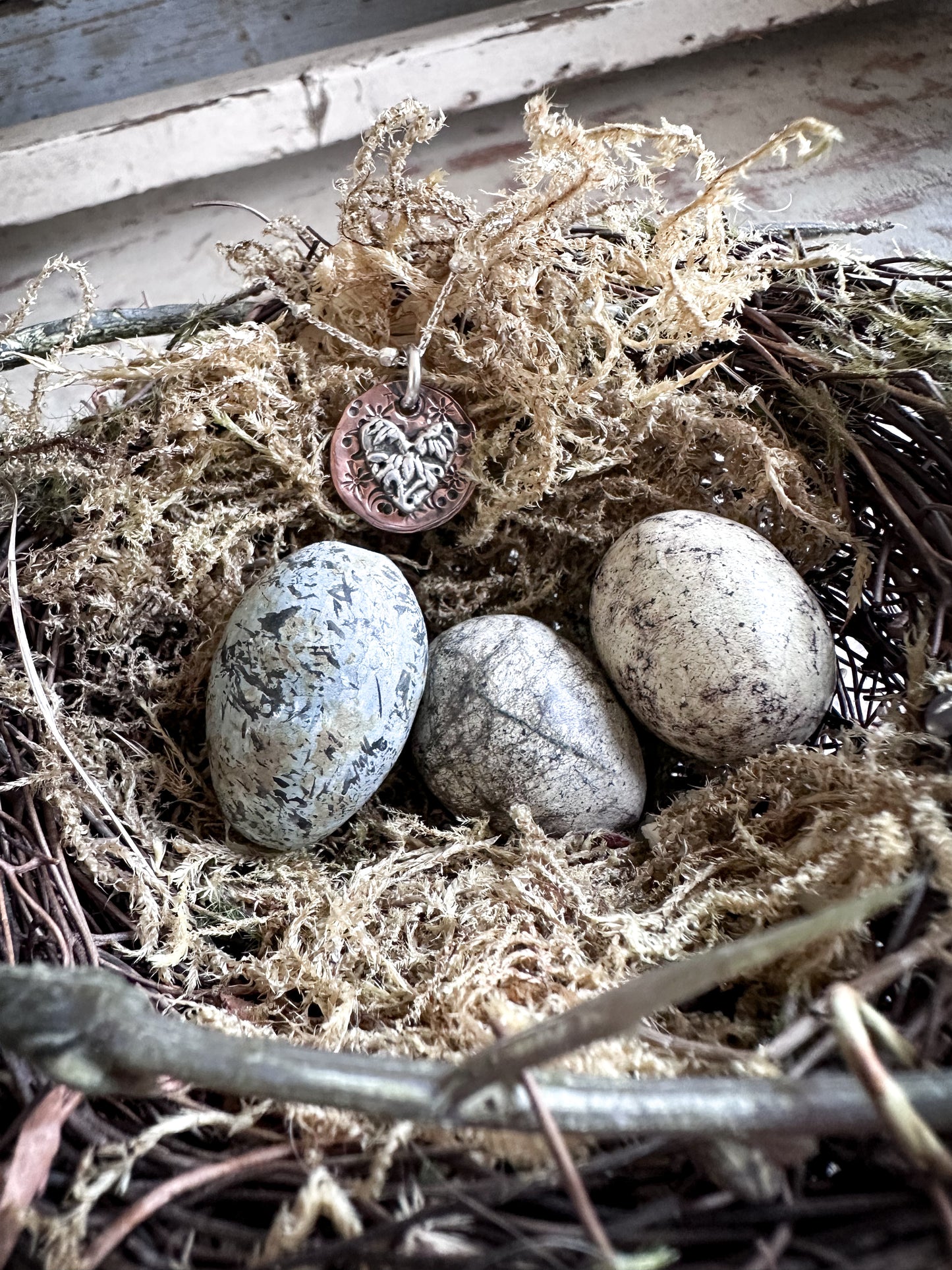 Moon Garden Heart Necklace – Fine Silver Wedgwood Sprig on Star-Stamped Copper